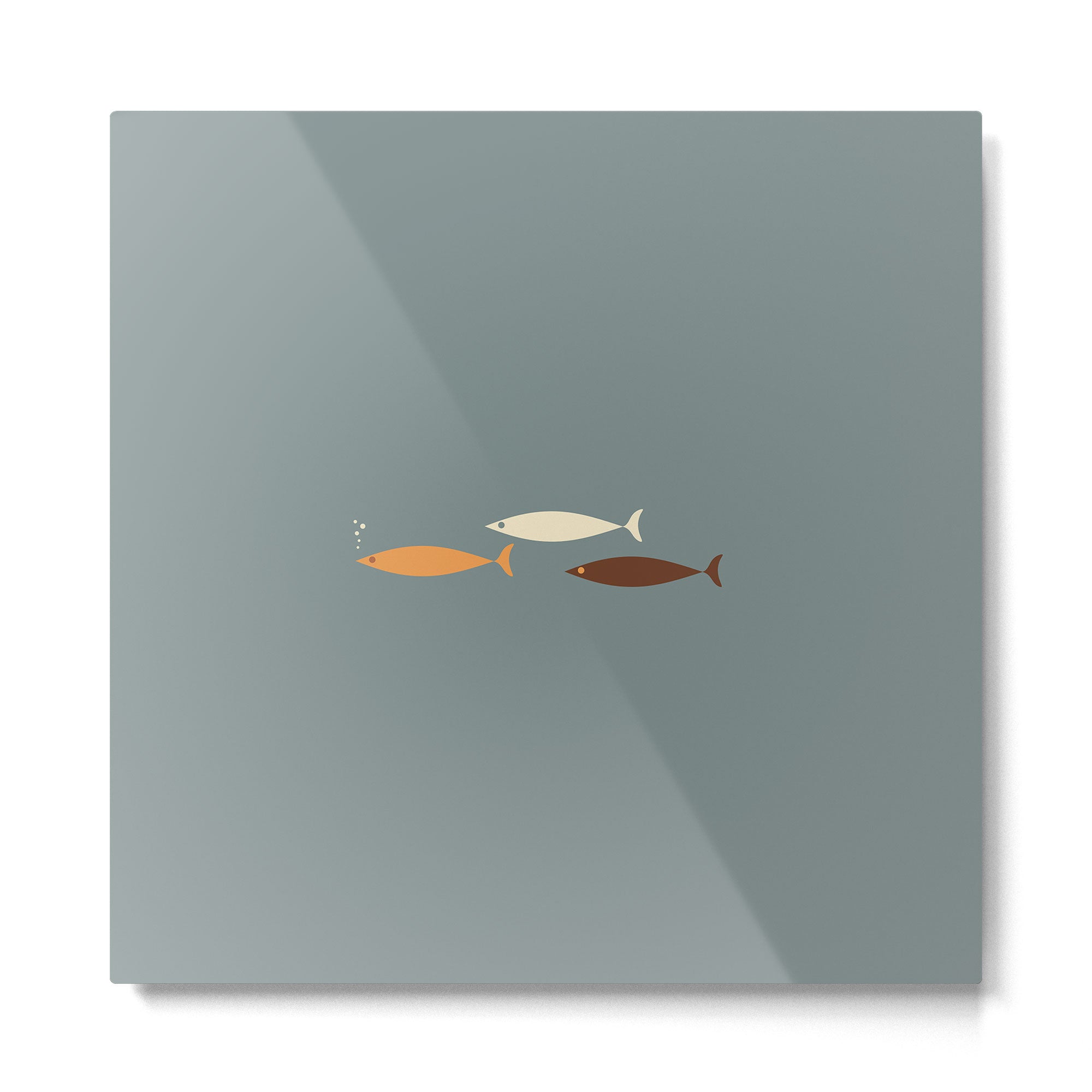 Fish Trio - Minimalist Mid-Century Slate Blue Orange Brown Cream Metal Print | TeksDecor