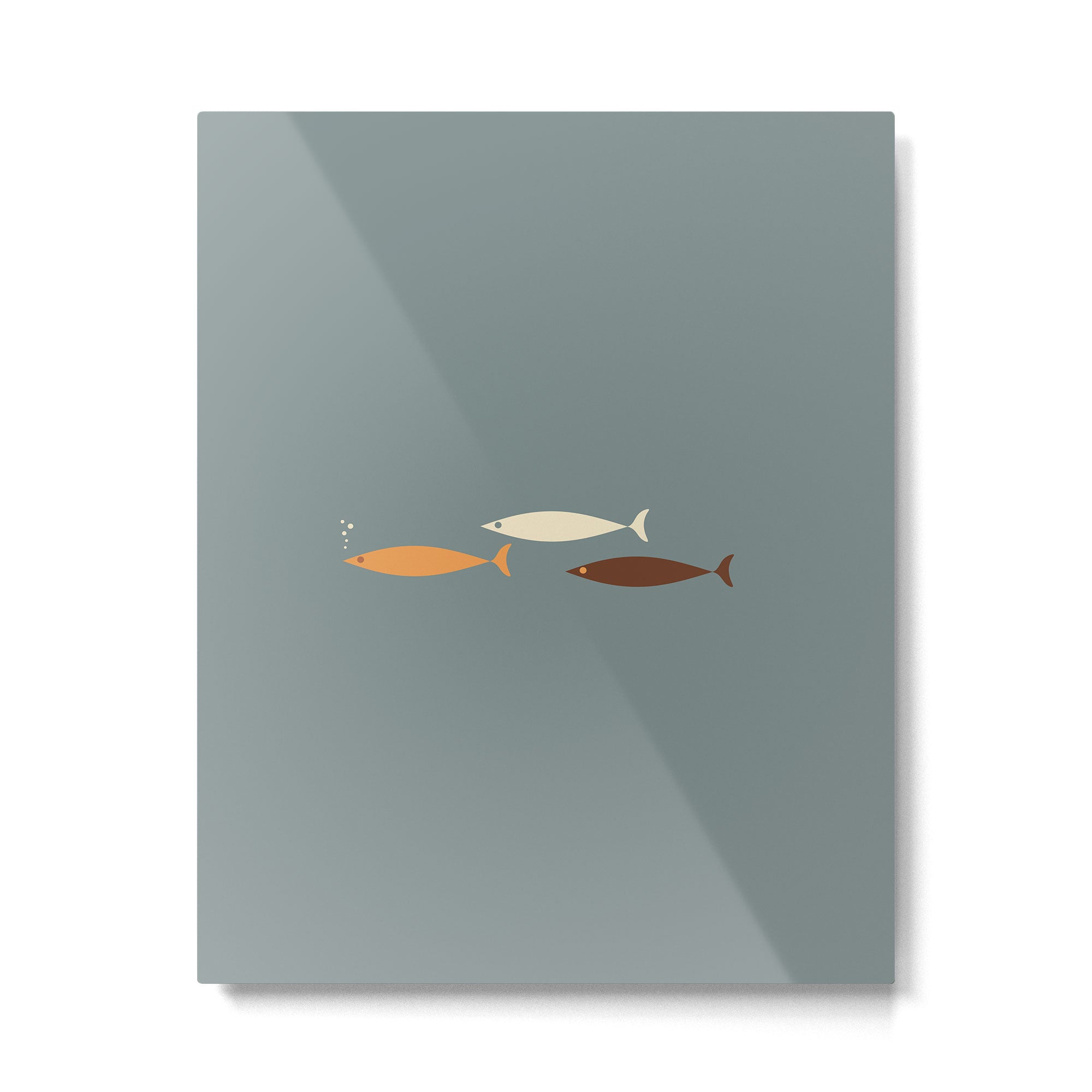 Fish Trio - Minimalist Mid-Century Slate Blue Orange Brown Cream Metal Print | TeksDecor