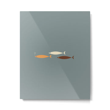 Fish Trio - Minimalist Mid-Century Slate Blue Orange Brown Cream Metal Print | TeksDecor