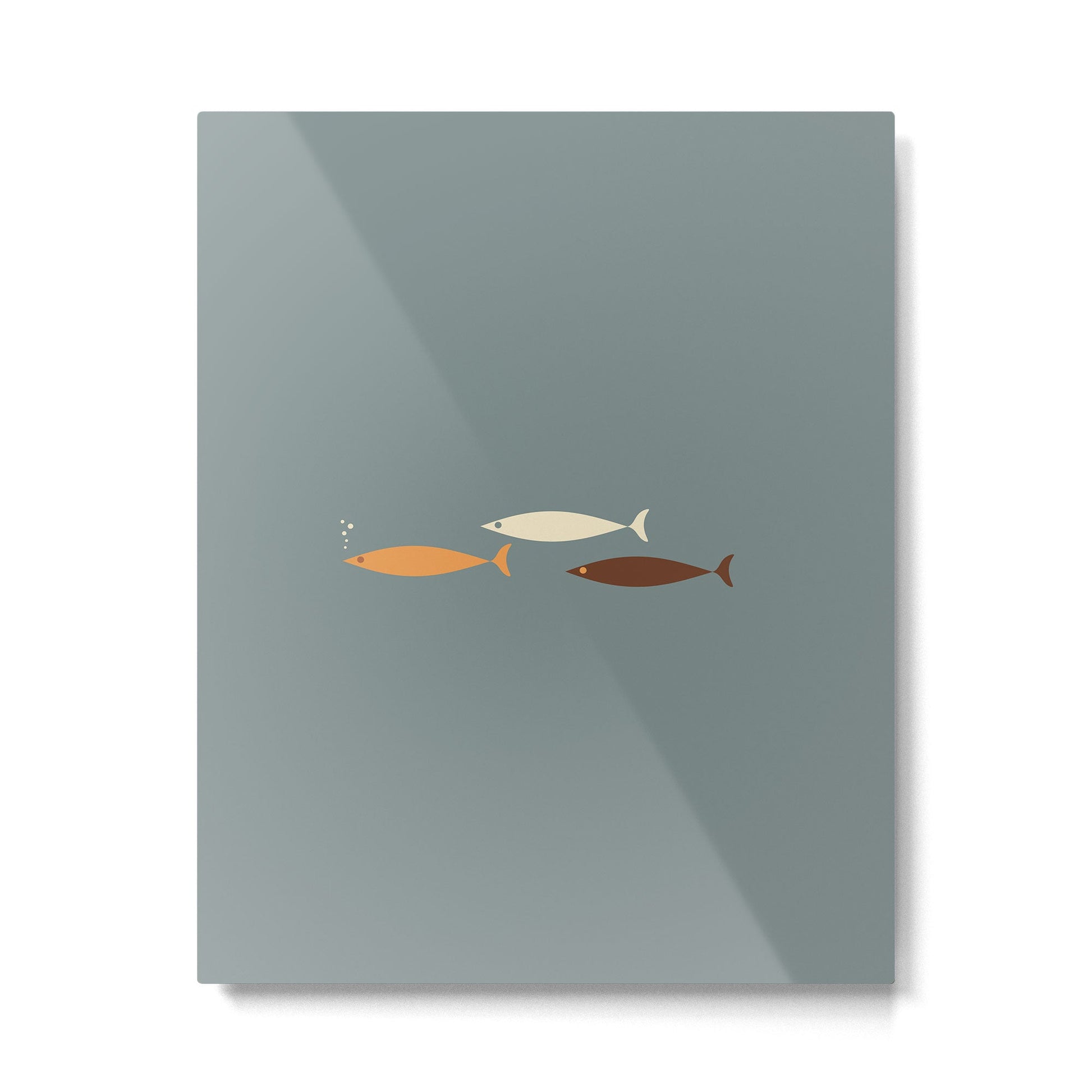 Fish Trio - Minimalist Mid-Century Slate Blue Orange Brown Cream Metal Print | TeksDecor
