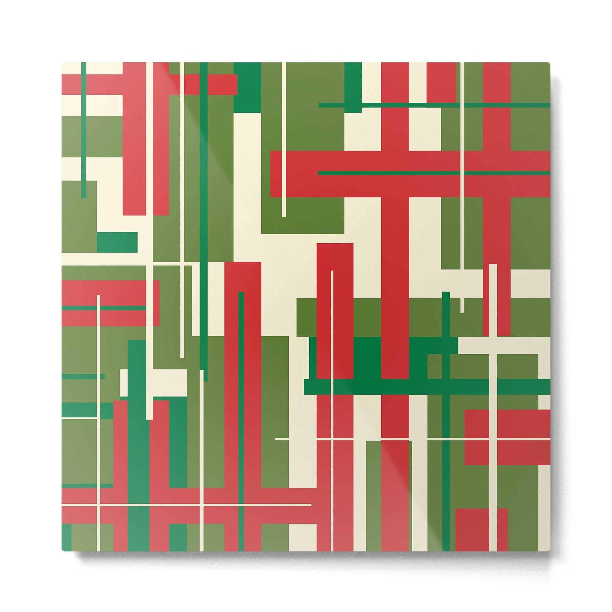 Mid Century Modern Deconstructed Christmas Plaid Pattern in Retro Red, Olive Green, and Xmas Cream Metal Print | TeksDecor