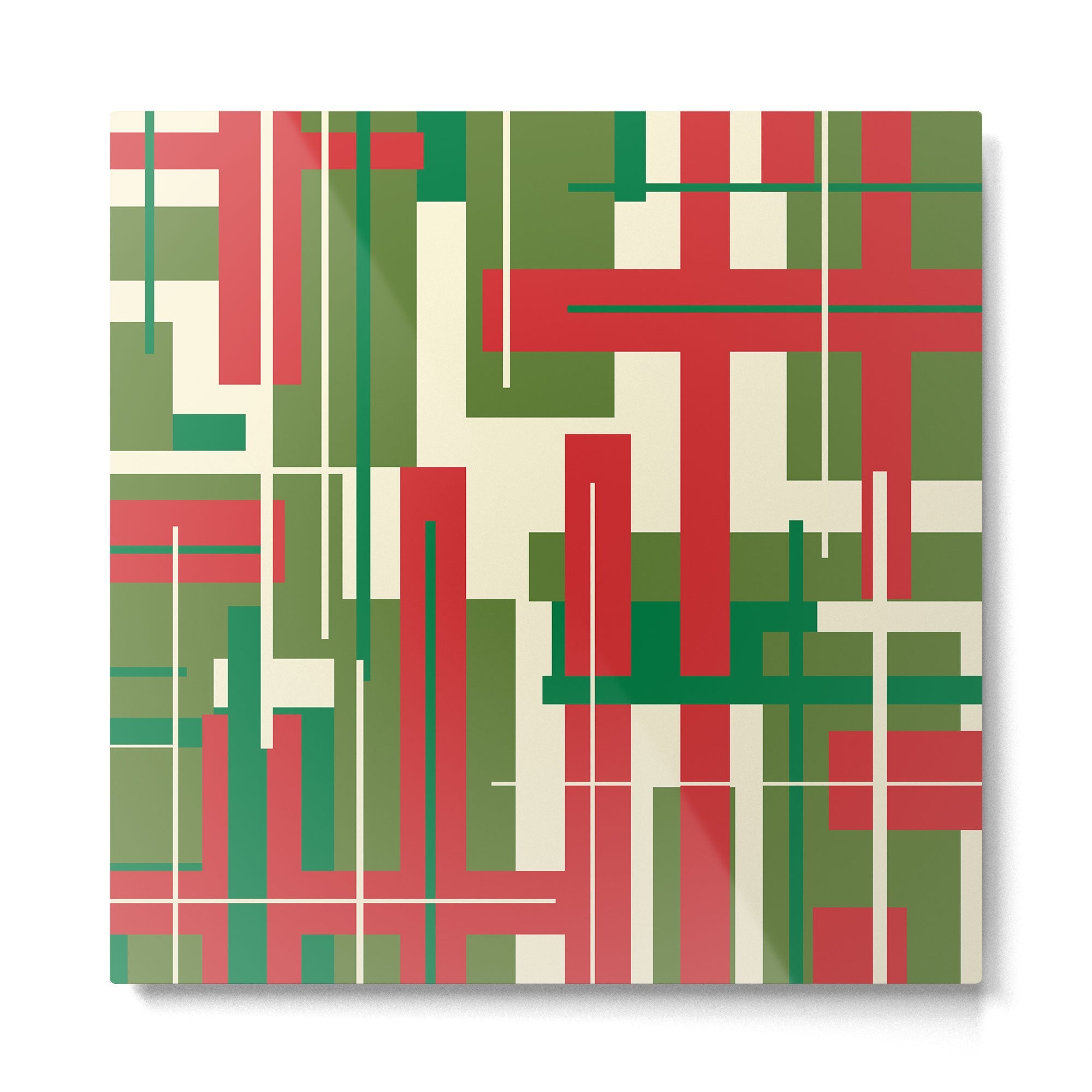Mid Century Modern Deconstructed Christmas Plaid Pattern in Retro Red, Olive Green, and Xmas Cream Metal Print | TeksDecor