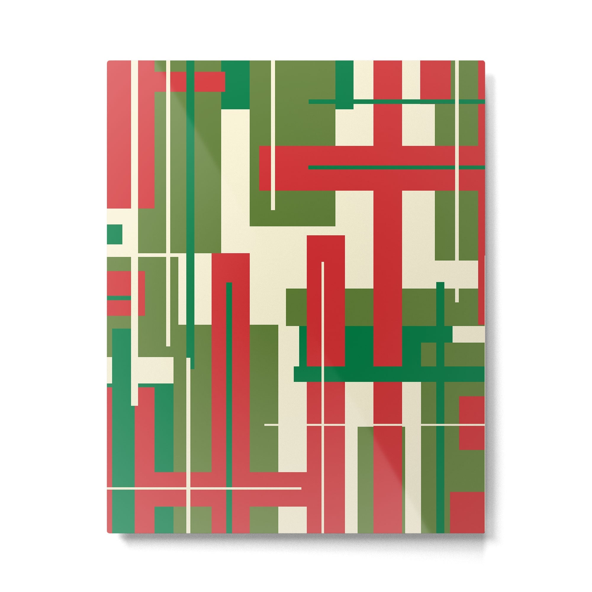 Mid Century Modern Deconstructed Christmas Plaid Pattern in Retro Red, Olive Green, and Xmas Cream Metal Print | TeksDecor
