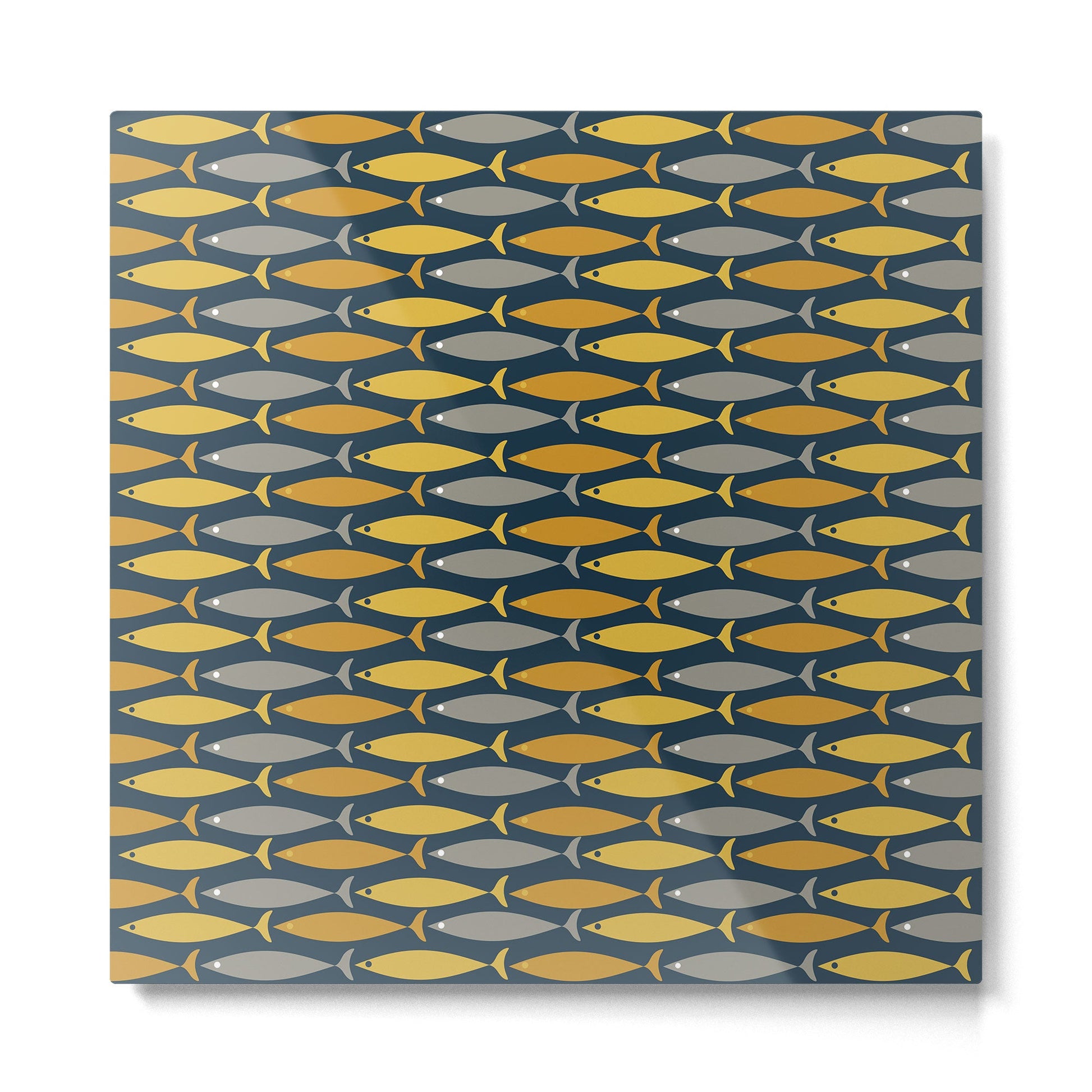 Mid Century Modern Fish Stripes Pattern in Light Mustard, Dark Mustard, Grey, and Navy Blue Metal Print | TeksDecor