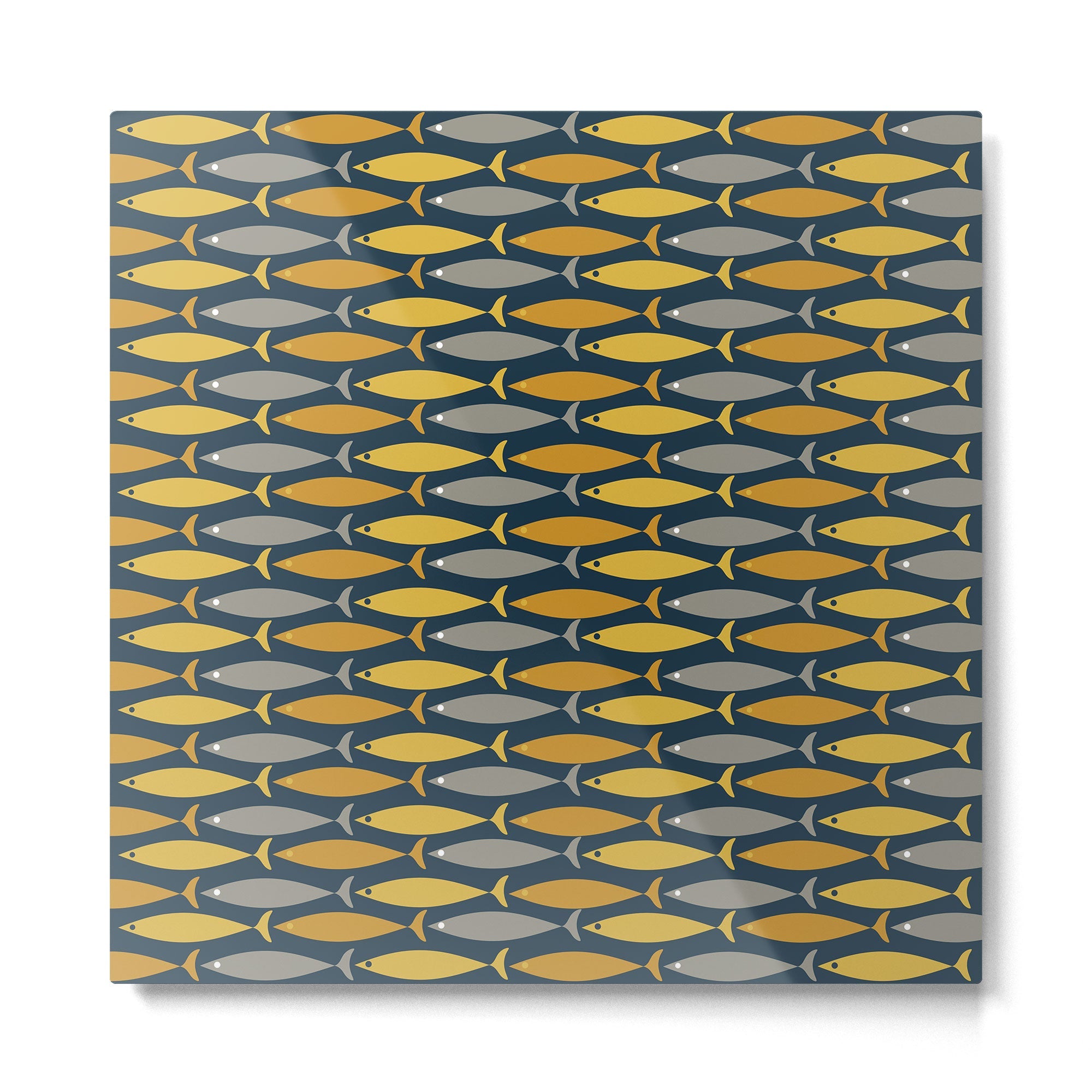 Mid Century Modern Fish Stripes Pattern in Light Mustard, Dark Mustard, Grey, and Navy Blue Metal Print | TeksDecor