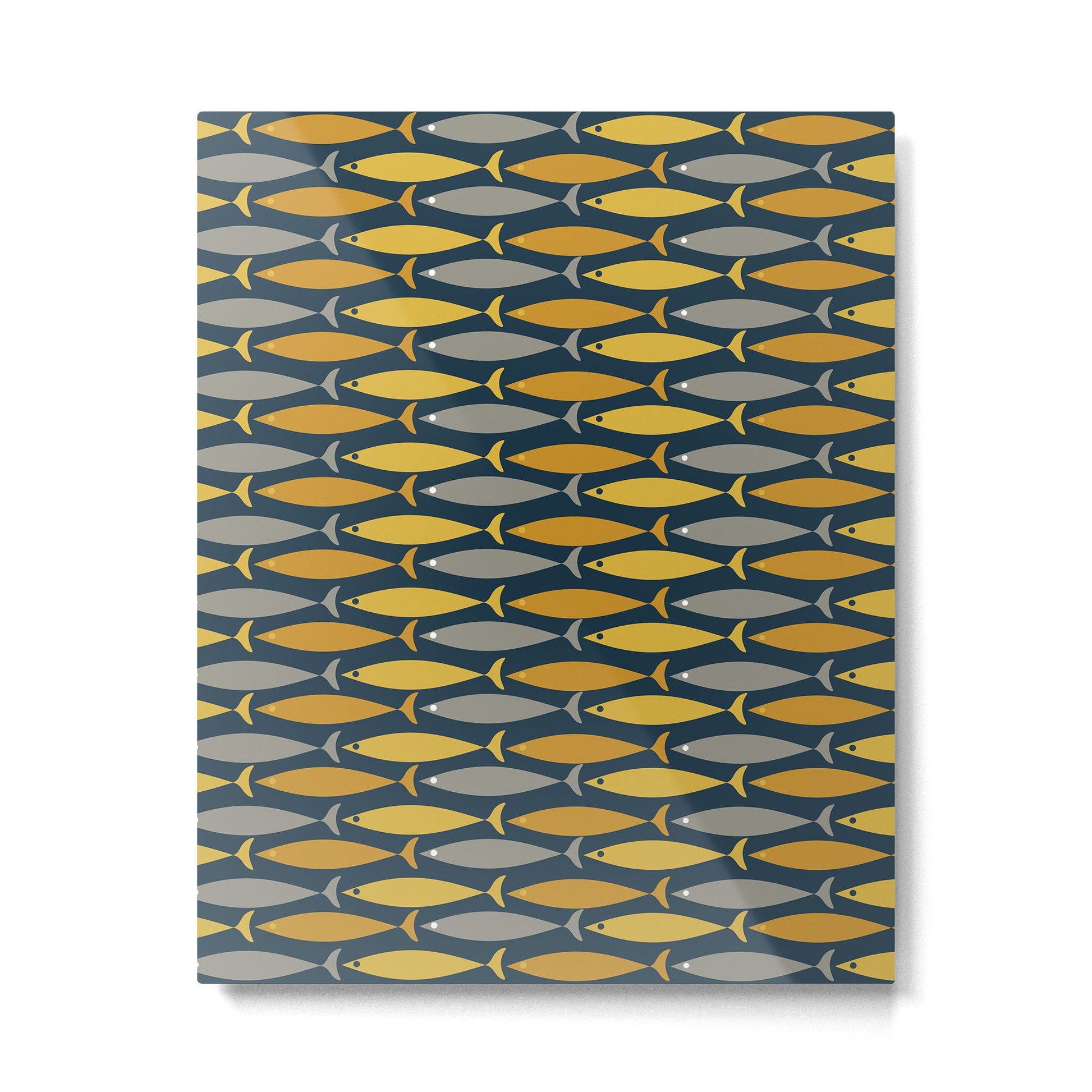 Mid Century Modern Fish Stripes Pattern in Light Mustard, Dark Mustard, Grey, and Navy Blue Metal Print | TeksDecor