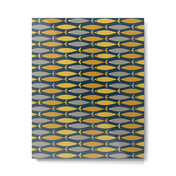 Mid Century Modern Fish Stripes Pattern in Light Mustard, Dark Mustard, Grey, and Navy Blue Metal Print | TeksDecor