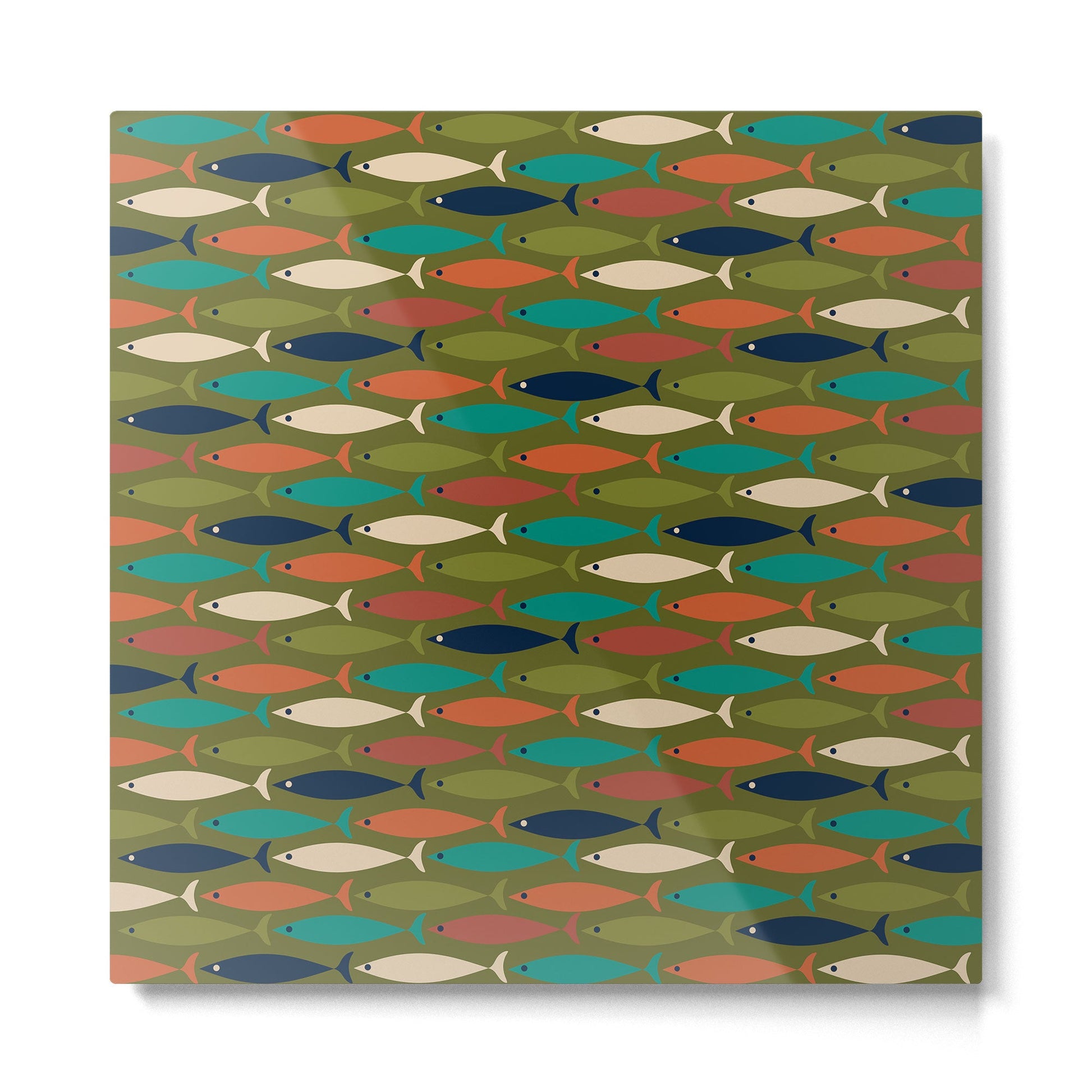 Mid-century Modern Fish in a Green Sea Pattern  Metal Print | TeksDecor