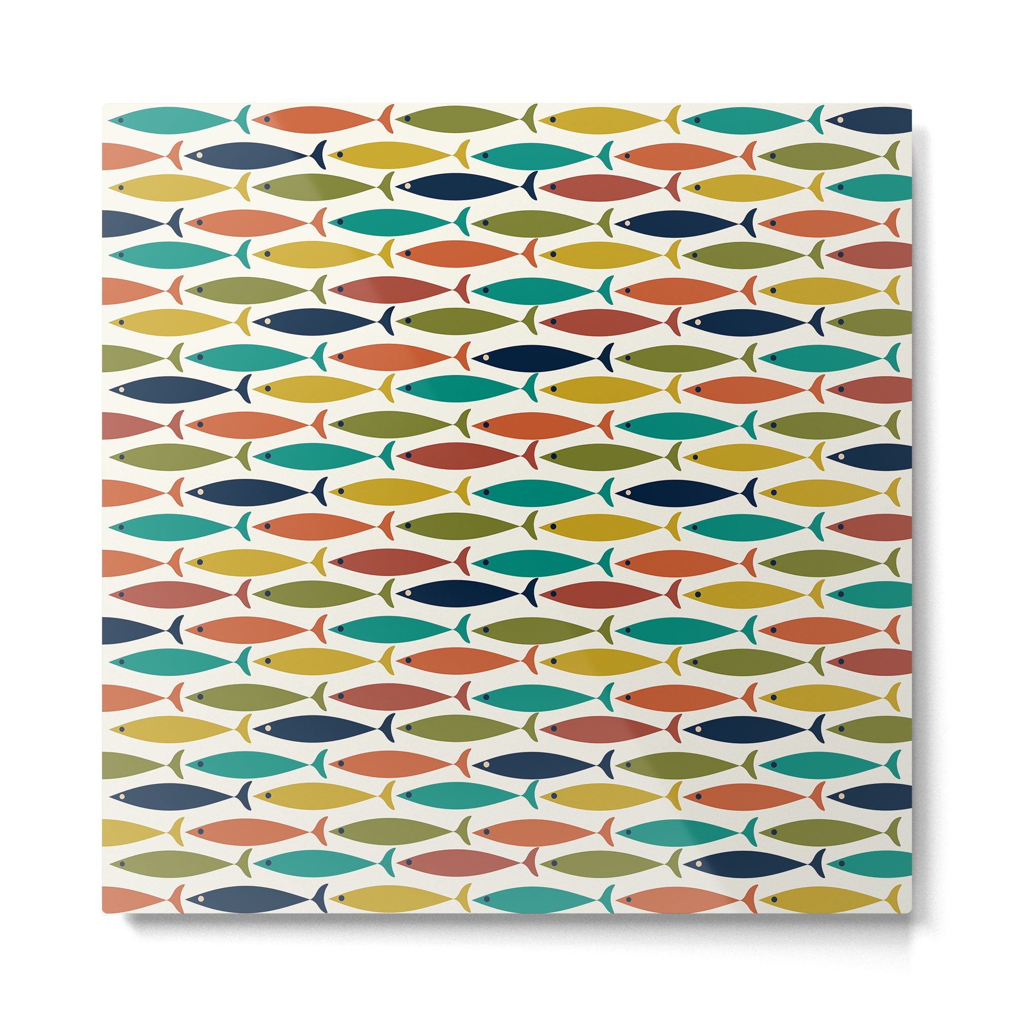 Midcentury Modern Fish Pattern in Mid Mod Teal, Olive, Mustard, Orange on Nearly White Metal Print | TeksDecor
