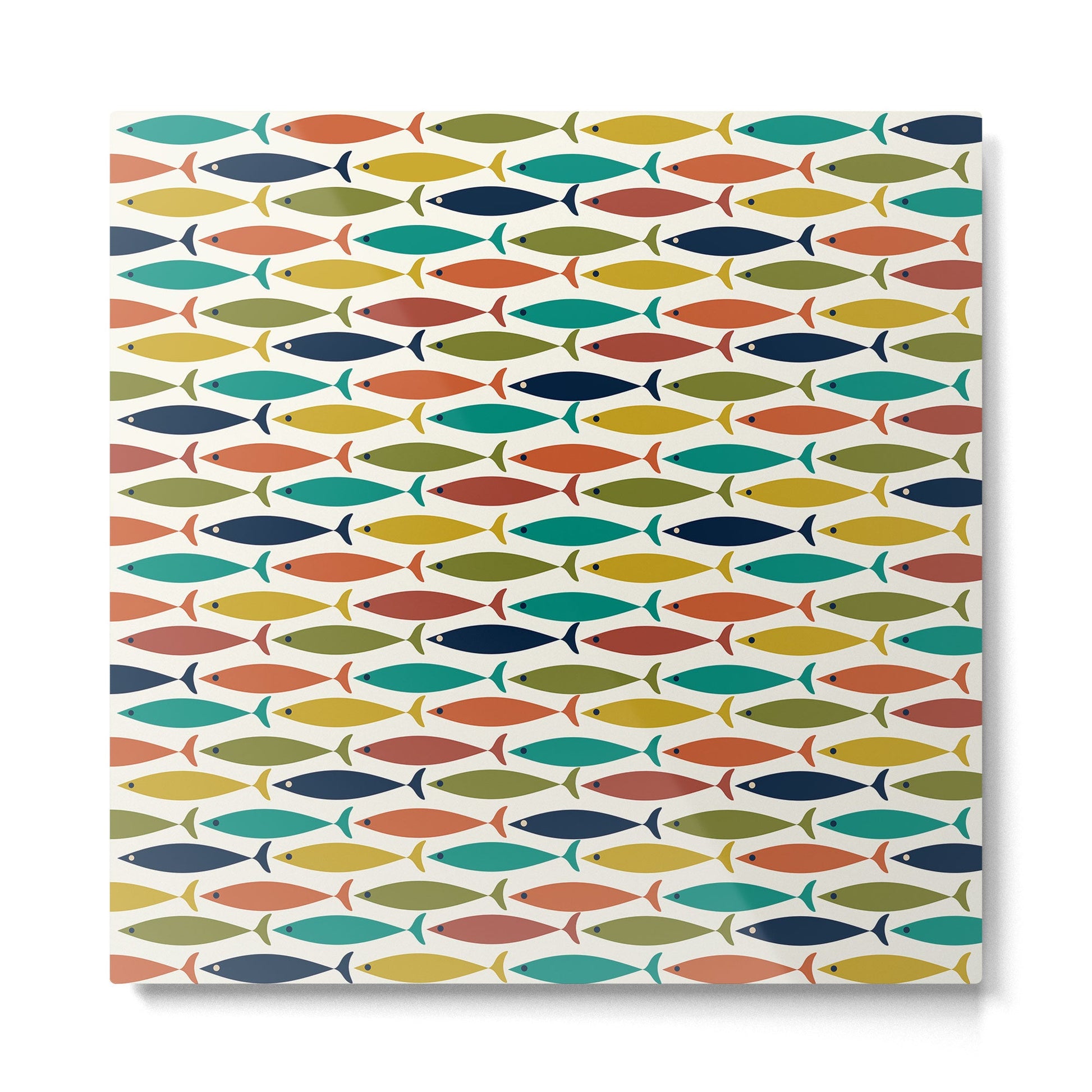 Midcentury Modern Fish Pattern in Mid Mod Teal, Olive, Mustard, Orange on Nearly White Metal Print | TeksDecor
