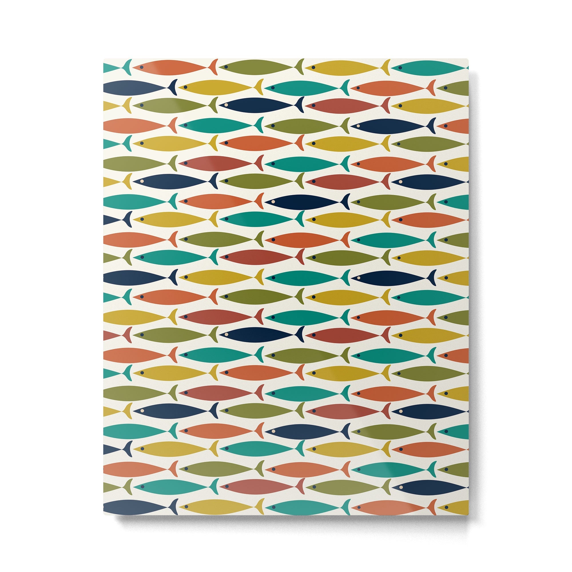 Midcentury Modern Fish Pattern in Mid Mod Teal, Olive, Mustard, Orange on Nearly White Metal Print | TeksDecor