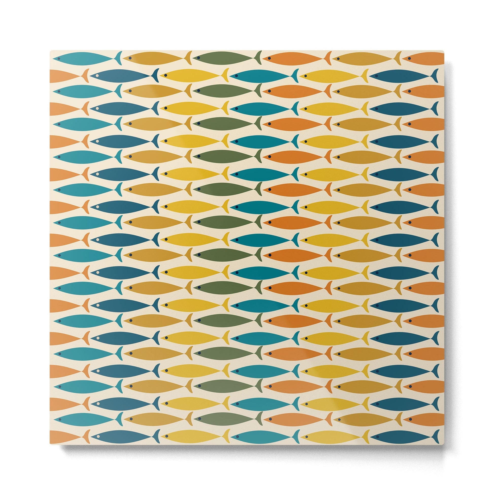 Mid-Century Modern Fish Stripes in Moroccan Teal, Green, Orange, Mustard, and Cream Metal Print | TeksDecor