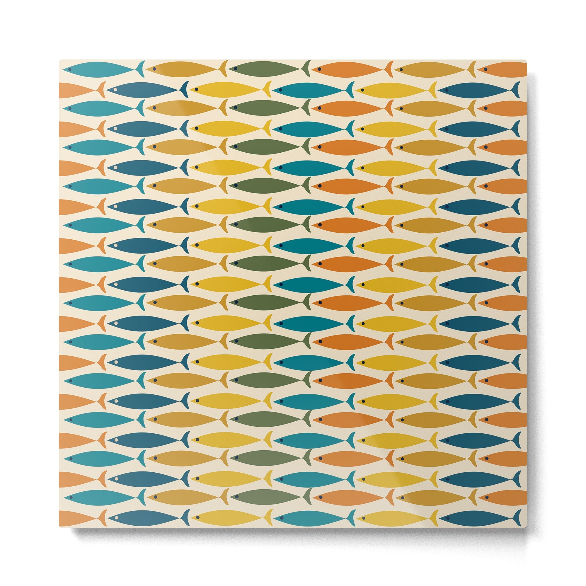 Mid-Century Modern Fish Stripes in Moroccan Teal, Green, Orange, Mustard, and Cream Metal Print | TeksDecor