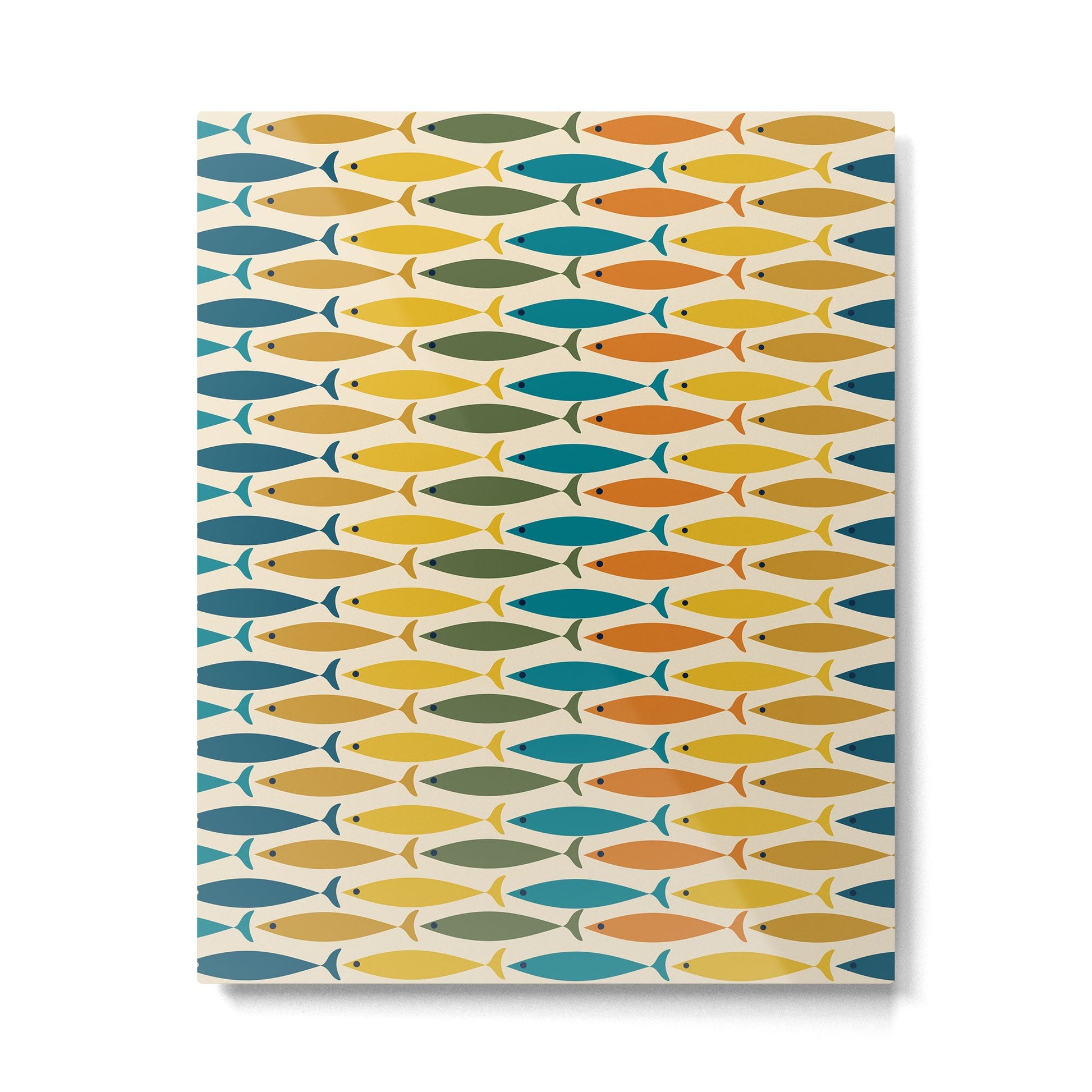 Mid-Century Modern Fish Stripes in Moroccan Teal, Green, Orange, Mustard, and Cream Metal Print | TeksDecor