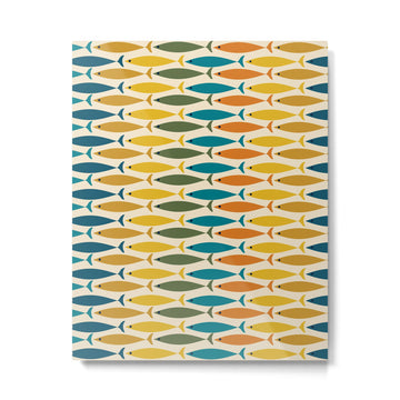 Mid-Century Modern Fish Stripes in Moroccan Teal, Green, Orange, Mustard, and Cream Metal Print | TeksDecor