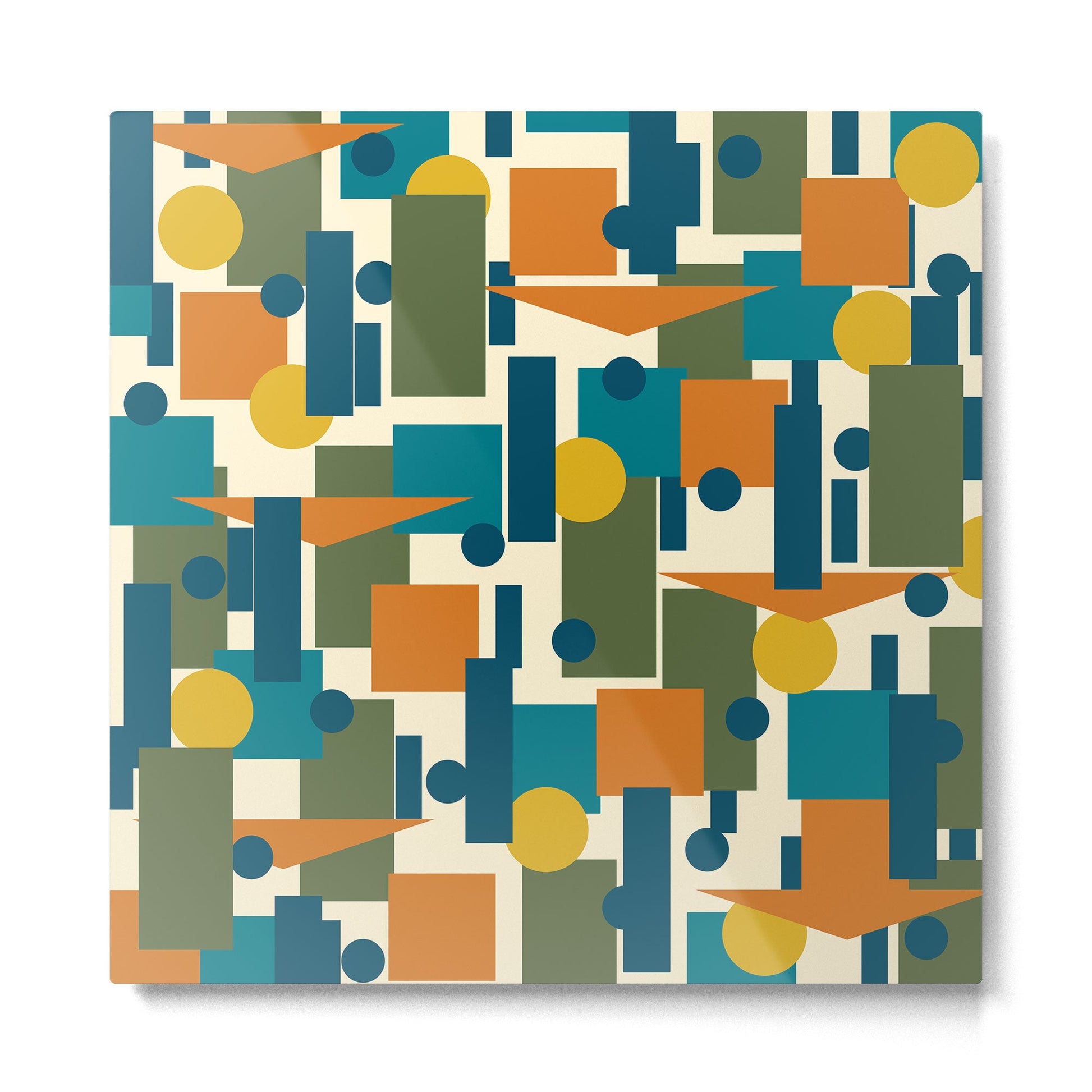 Mid-Century Modern Geometrica Pattern in Moroccan Teal Blue Olive Green Mustard Yellow Orange and Cream Metal Print | TeksDecor