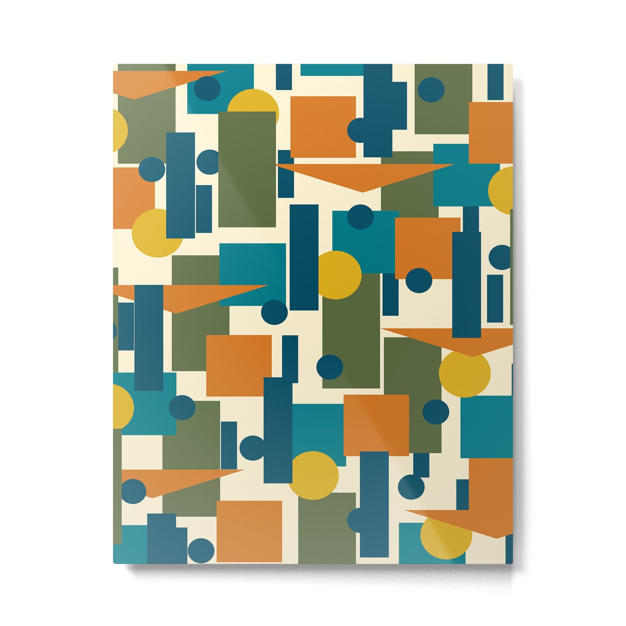 Mid-Century Modern Geometrica Pattern in Moroccan Teal Blue Olive Green Mustard Yellow Orange and Cream Metal Print | TeksDecor