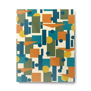 Mid-Century Modern Geometrica Pattern in Moroccan Teal Blue Olive Green Mustard Yellow Orange and Cream Metal Print | TeksDecor