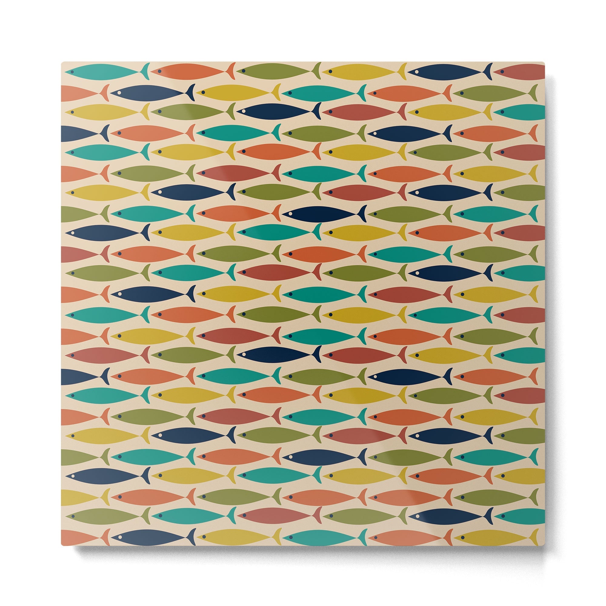 Midcentury Modern Multicolor Fish Pattern in Olive, Mustard, Orange, Teal, Beige Metal Print | TeksDecor