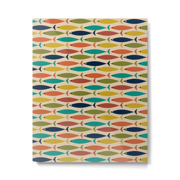 Midcentury Modern Multicolor Fish Pattern in Olive, Mustard, Orange, Teal, Beige Metal Print | TeksDecor