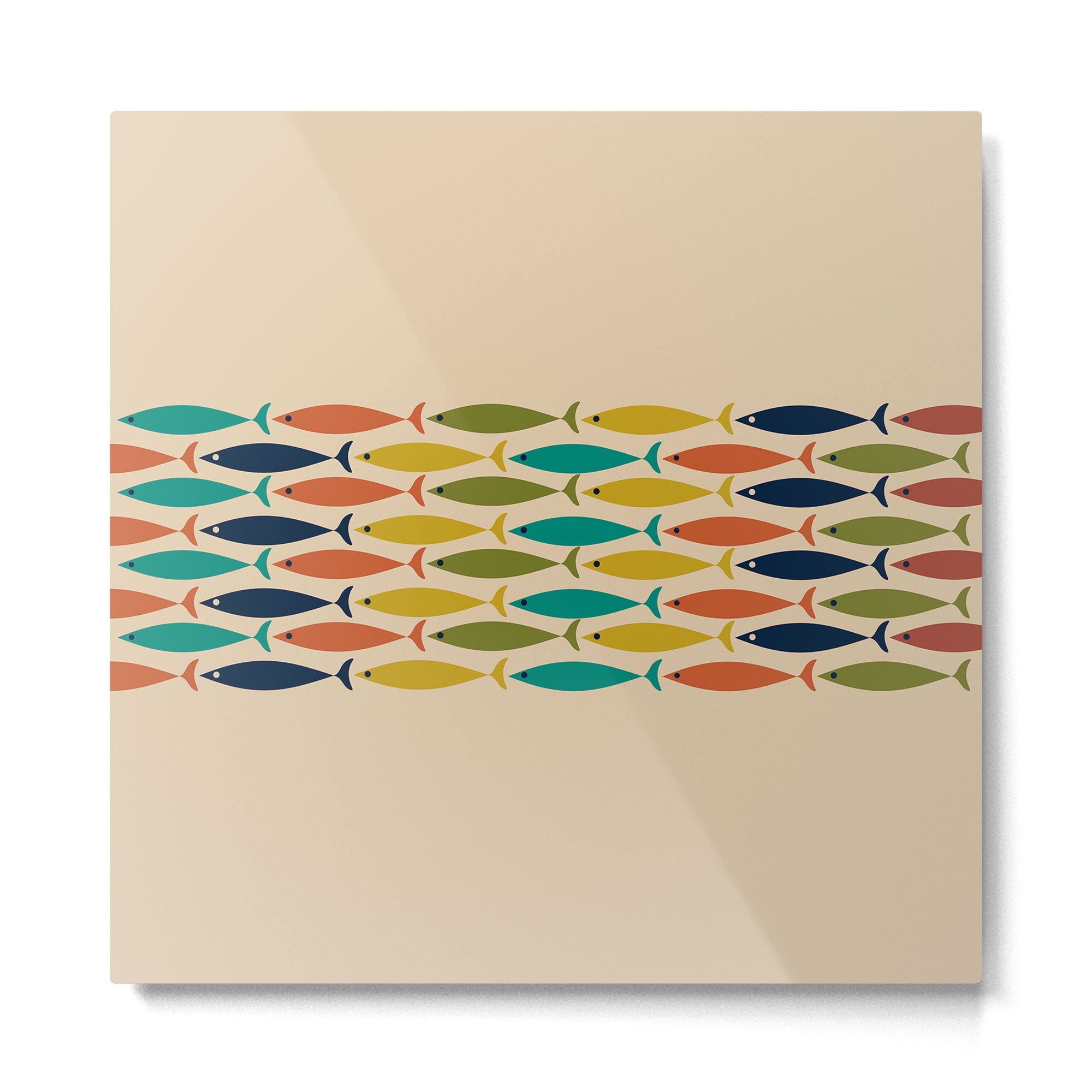 Midcentury Modern Multicolor Fish Stripe Pattern in Olive, Mustard, Orange, Teal, Beige Metal Print | TeksDecor