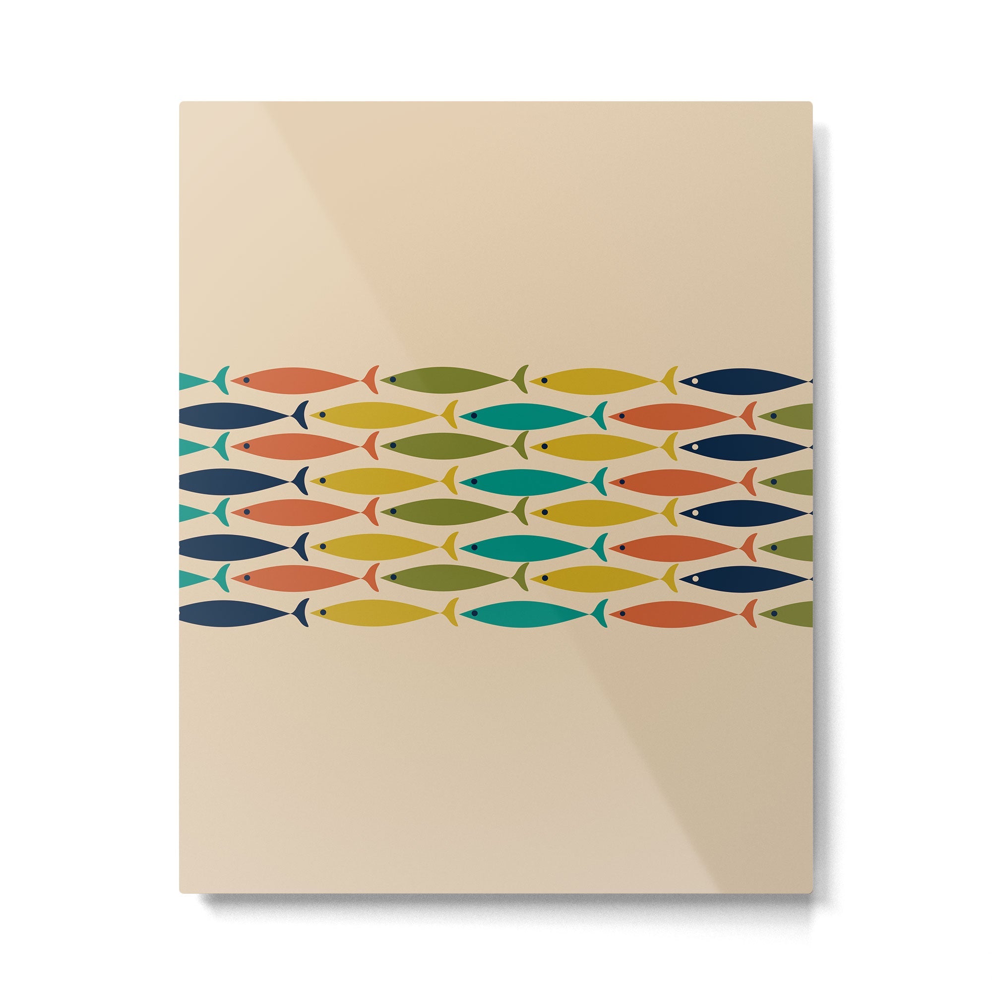 Midcentury Modern Multicolor Fish Stripe Pattern in Olive, Mustard, Orange, Teal, Beige Metal Print | TeksDecor