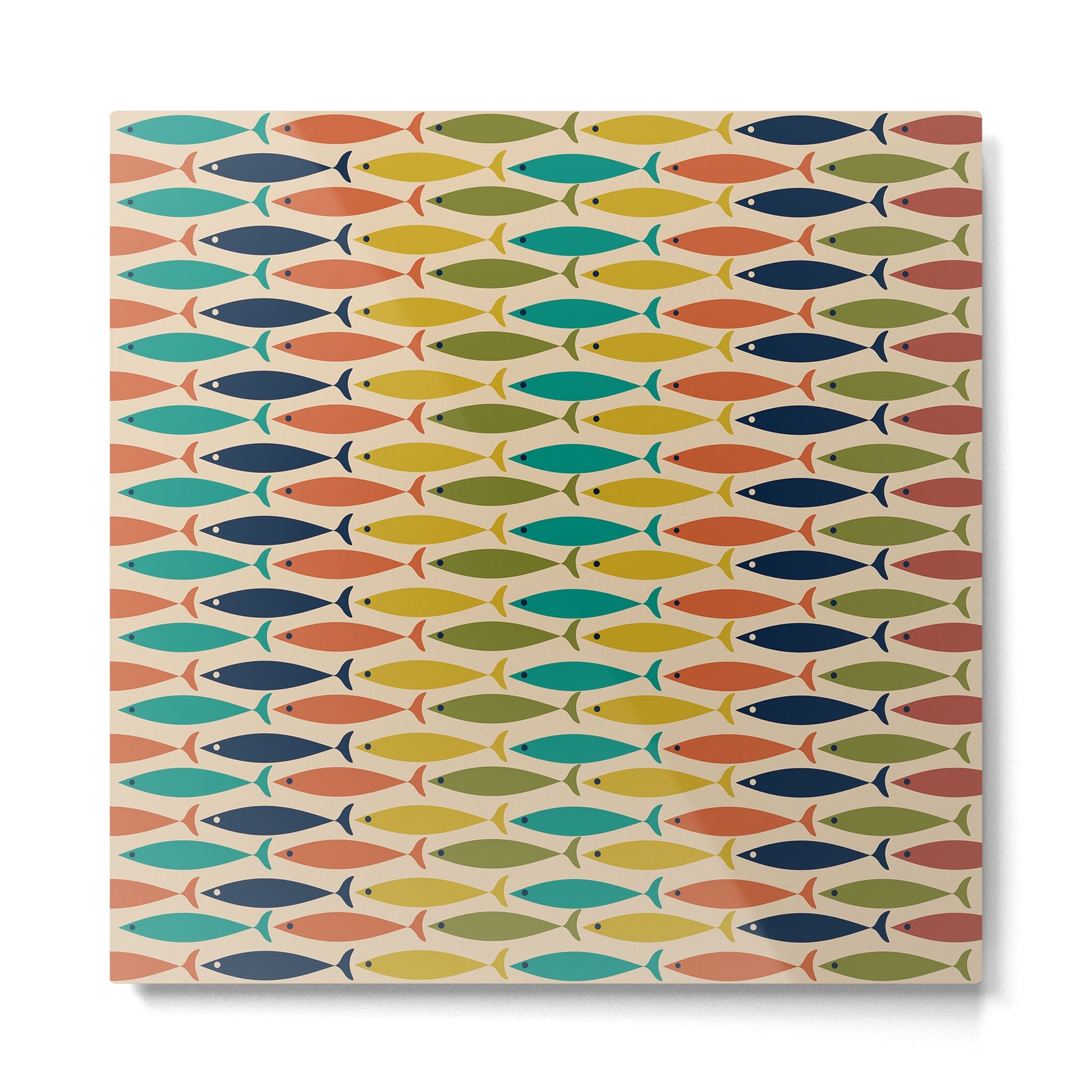 Midcentury Modern Multicolor Fish Stripes Pattern in Olive, Mustard, Orange, Teal, Beige Metal Print | TeksDecor