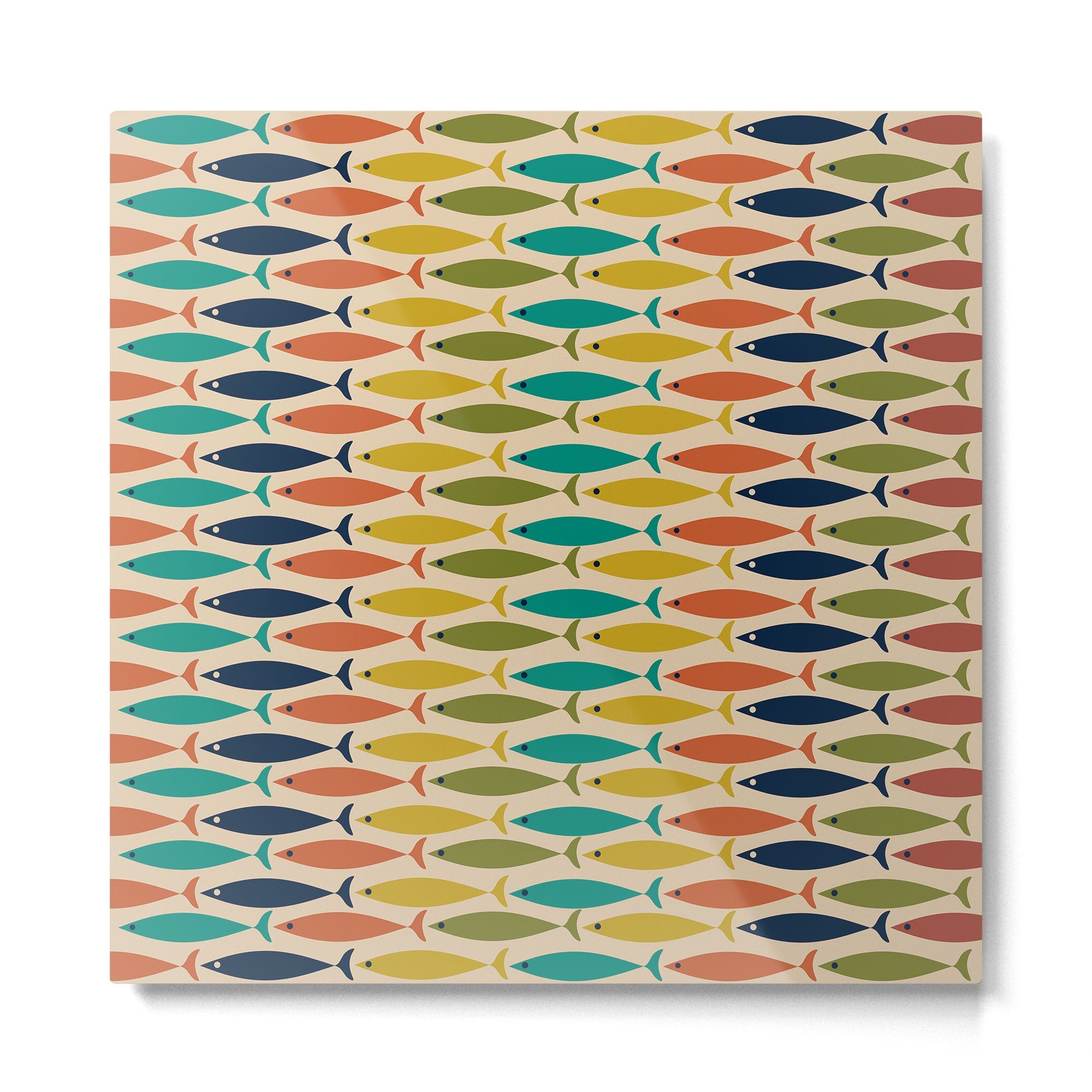 Midcentury Modern Multicolor Fish Stripes Pattern in Olive, Mustard, Orange, Teal, Beige Metal Print | TeksDecor