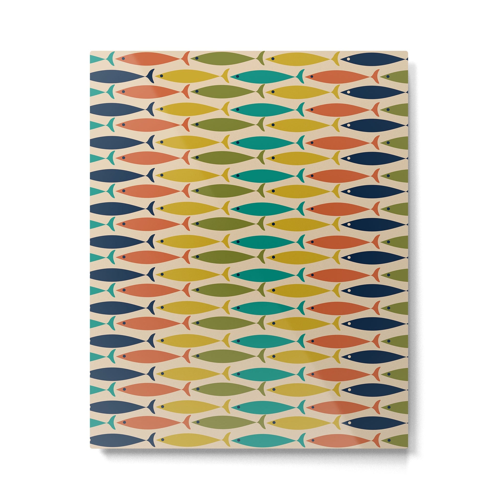 Midcentury Modern Multicolor Fish Stripes Pattern in Olive, Mustard, Orange, Teal, Beige Metal Print | TeksDecor