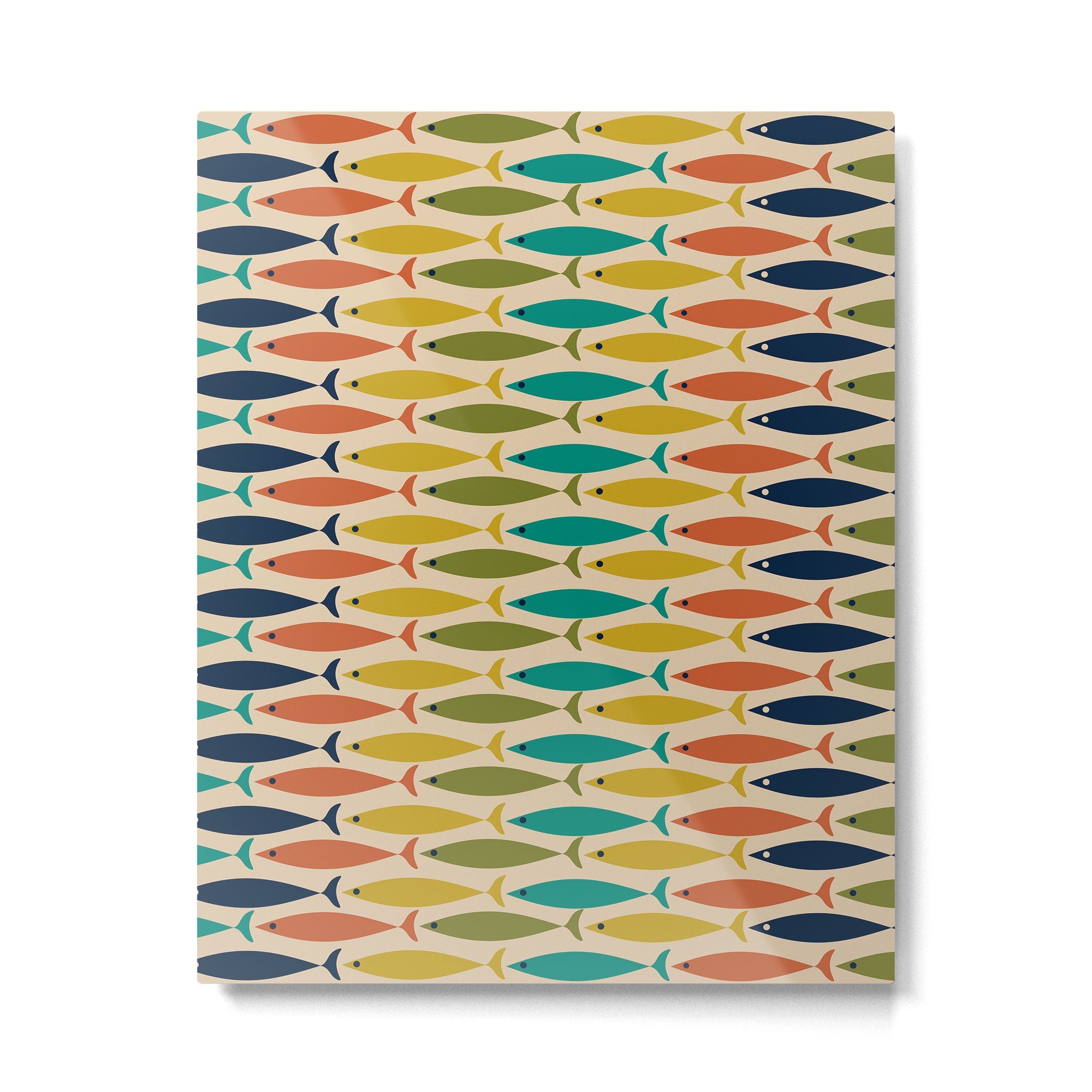 Midcentury Modern Multicolor Fish Stripes Pattern in Olive, Mustard, Orange, Teal, Beige Metal Print | TeksDecor