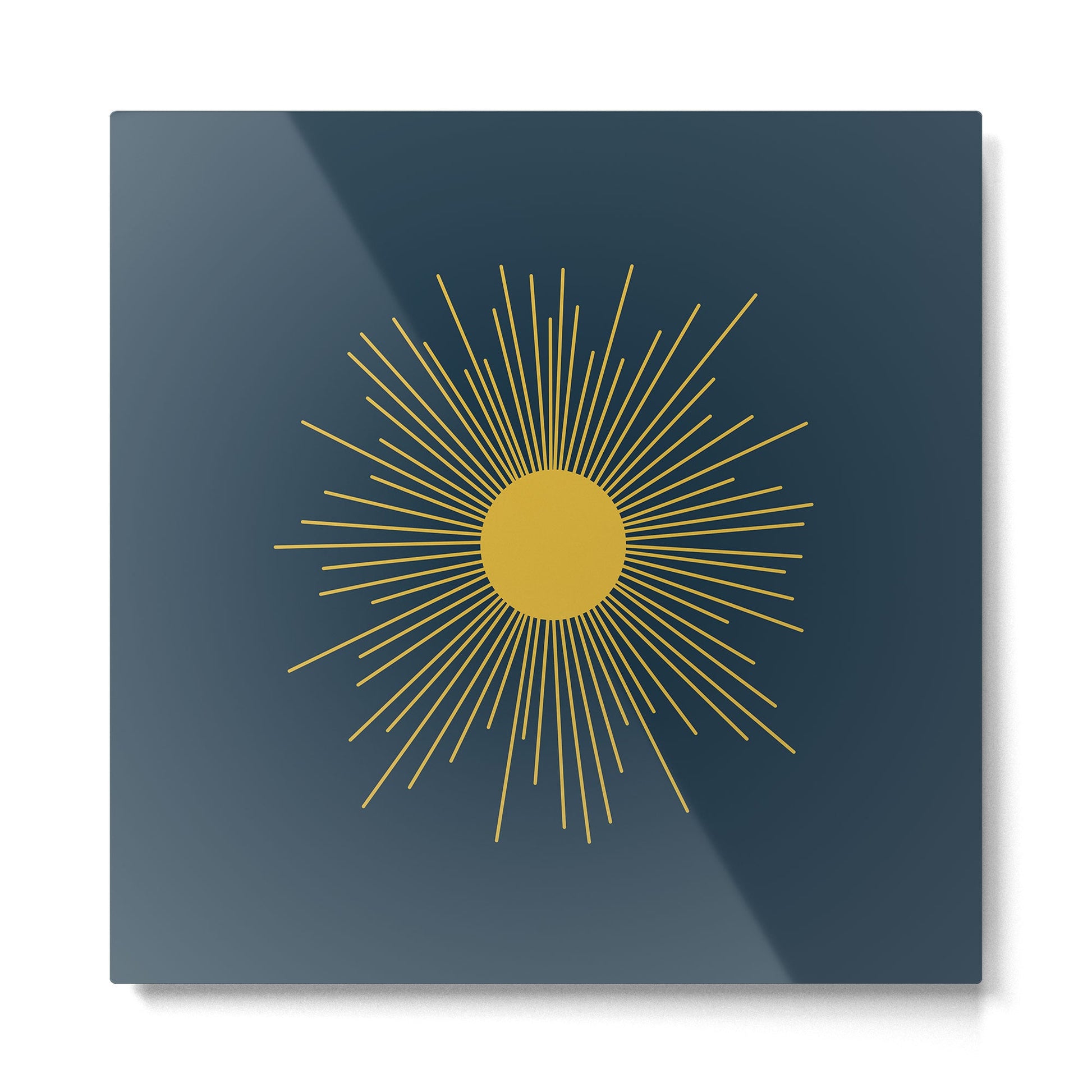 Mid-Century Modern Sunburst II in Light Mustard and Navy Blue Metal Print | TeksDecor