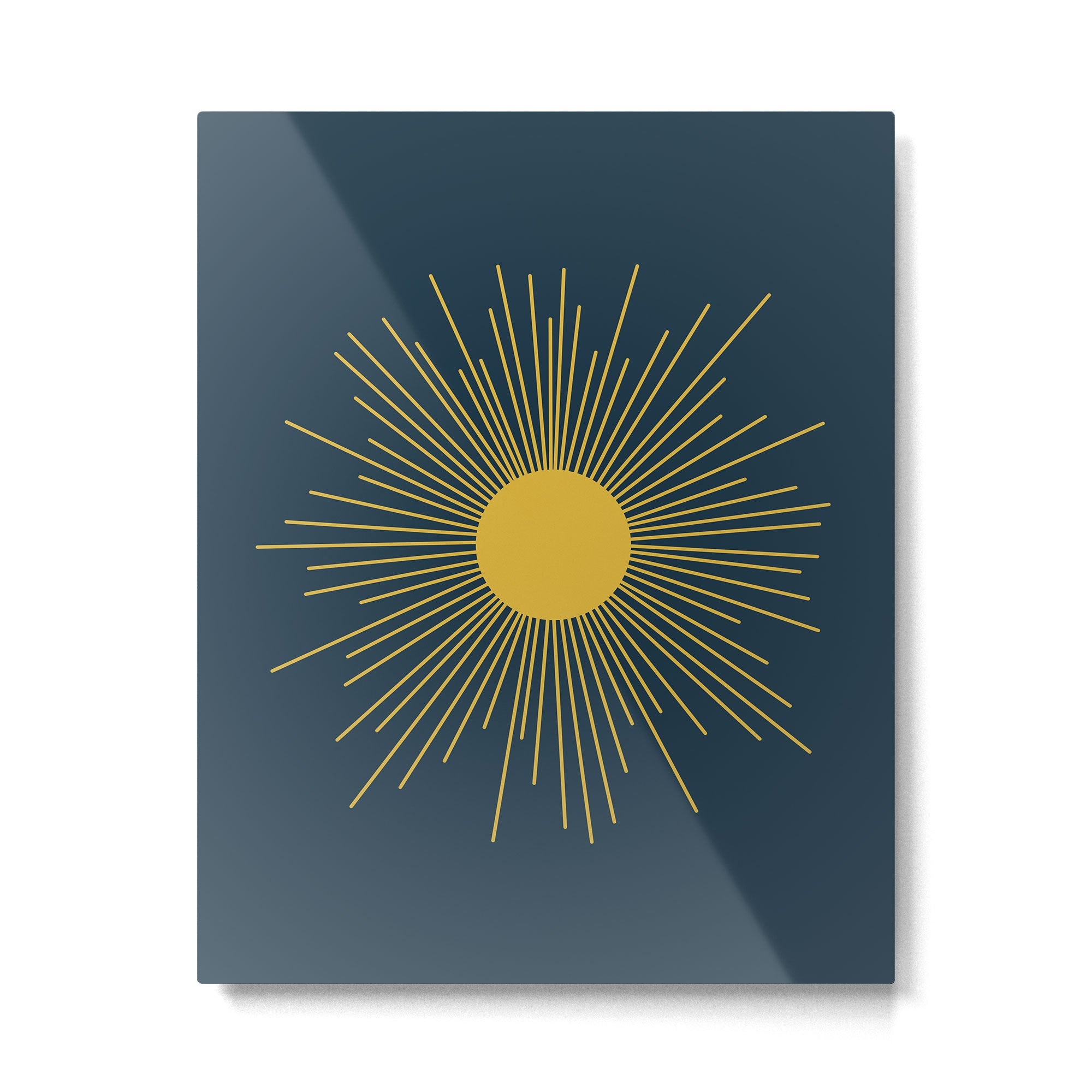 Mid-Century Modern Sunburst II in Light Mustard and Navy Blue Metal Print | TeksDecor