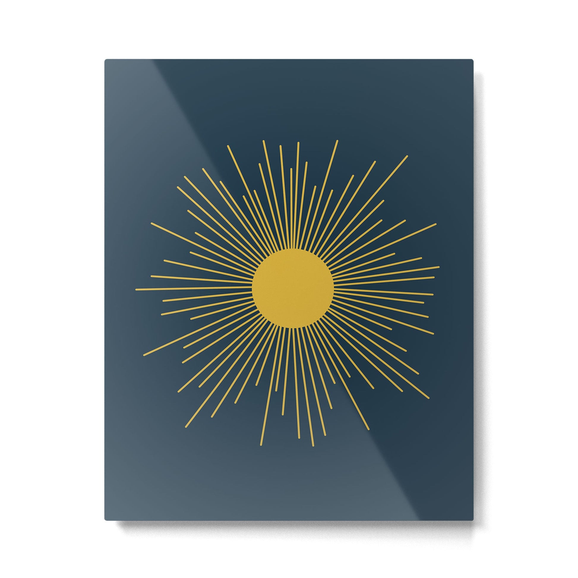 Mid-Century Modern Sunburst II in Light Mustard and Navy Blue Metal Print | TeksDecor