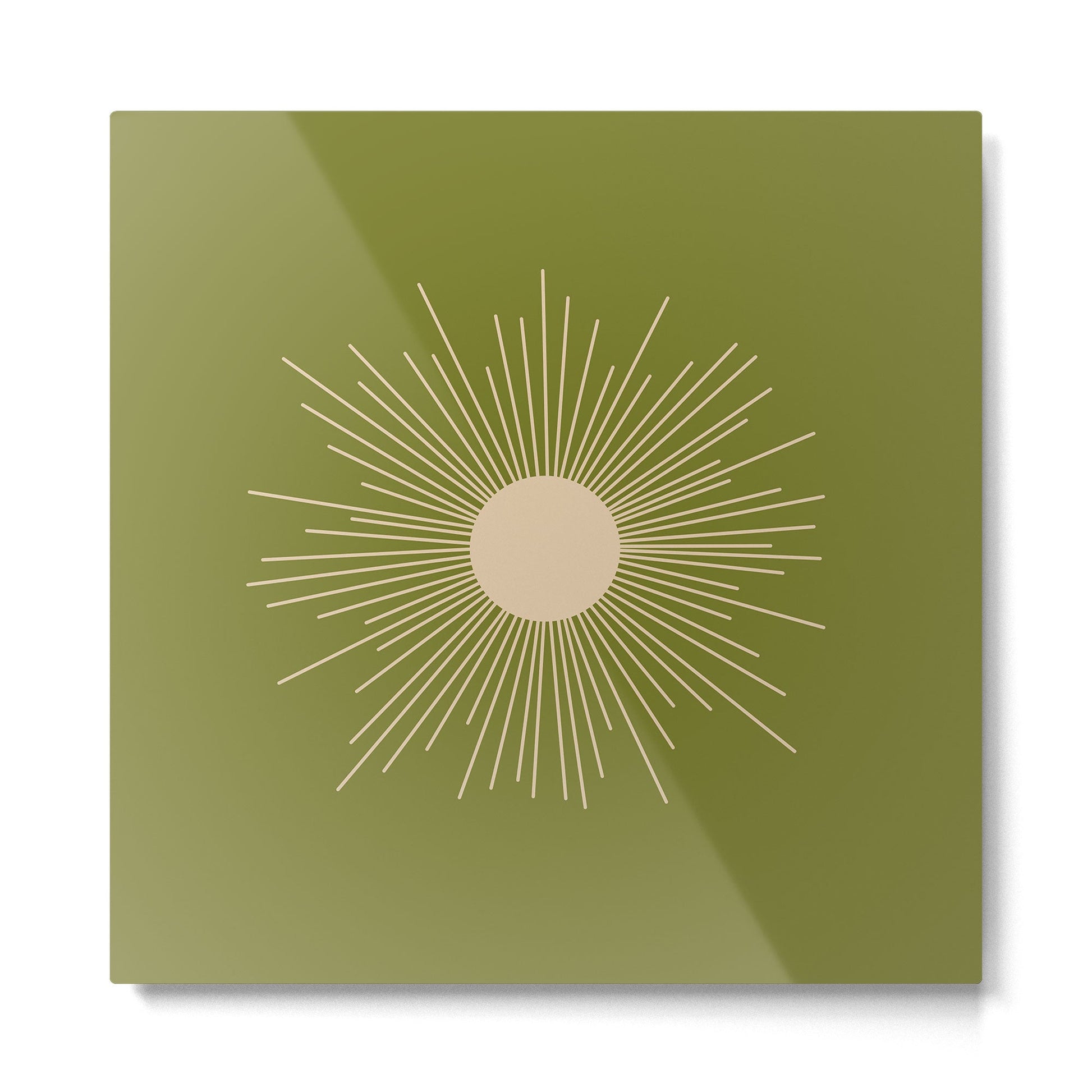 Mid-Century Modern Sunburst II - Minimalist Sun in Mid Mod Beige and Olive Green Metal Print | TeksDecor