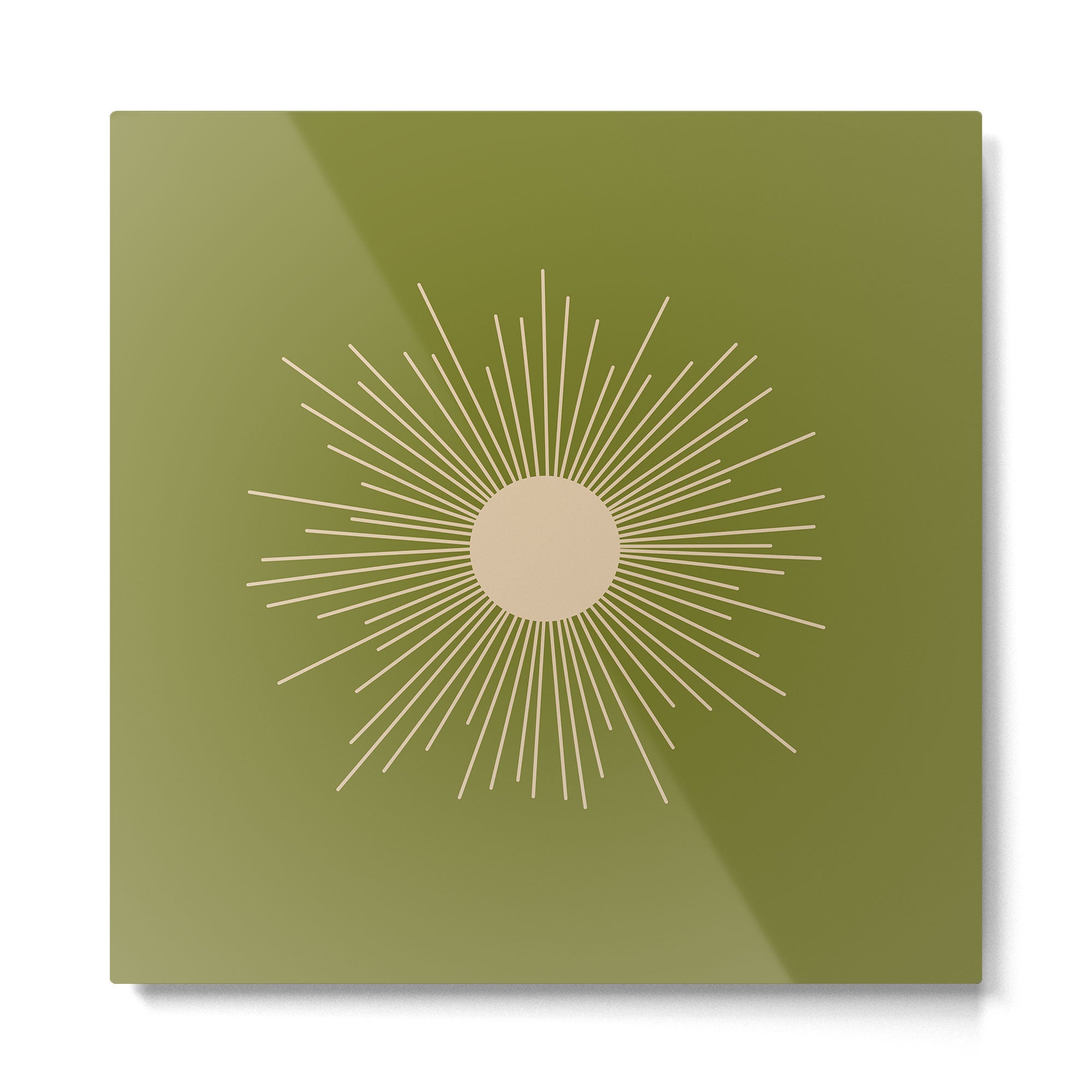 Mid-Century Modern Sunburst II - Minimalist Sun in Mid Mod Beige and Olive Green Metal Print | TeksDecor