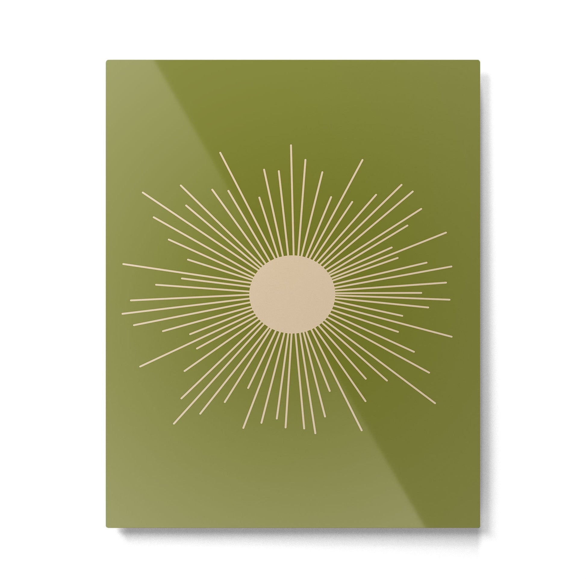 Mid-Century Modern Sunburst II - Minimalist Sun in Mid Mod Beige and Olive Green Metal Print | TeksDecor