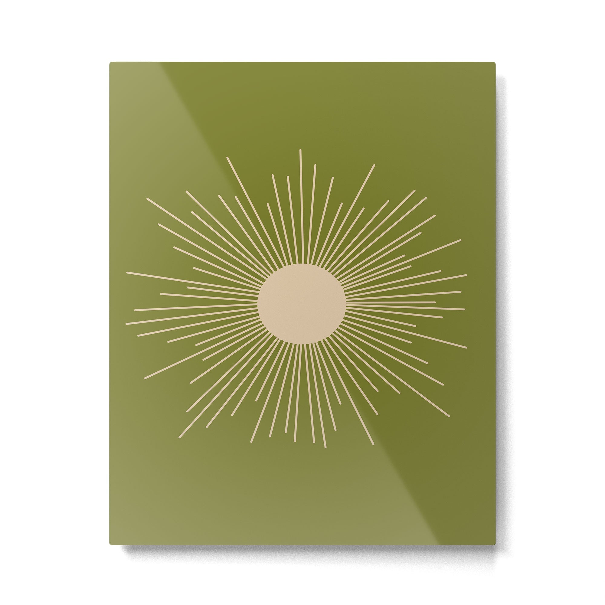 Mid-Century Modern Sunburst II - Minimalist Sun in Mid Mod Beige and Olive Green Metal Print | TeksDecor