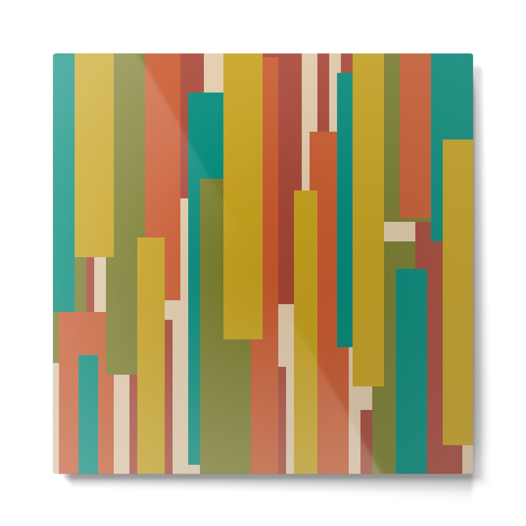 Midcentury Modern Vertical Geometric Pattern in Mid Mod Mustard, Orange, Olive, Teal, and Beige Metal Print | TeksDecor