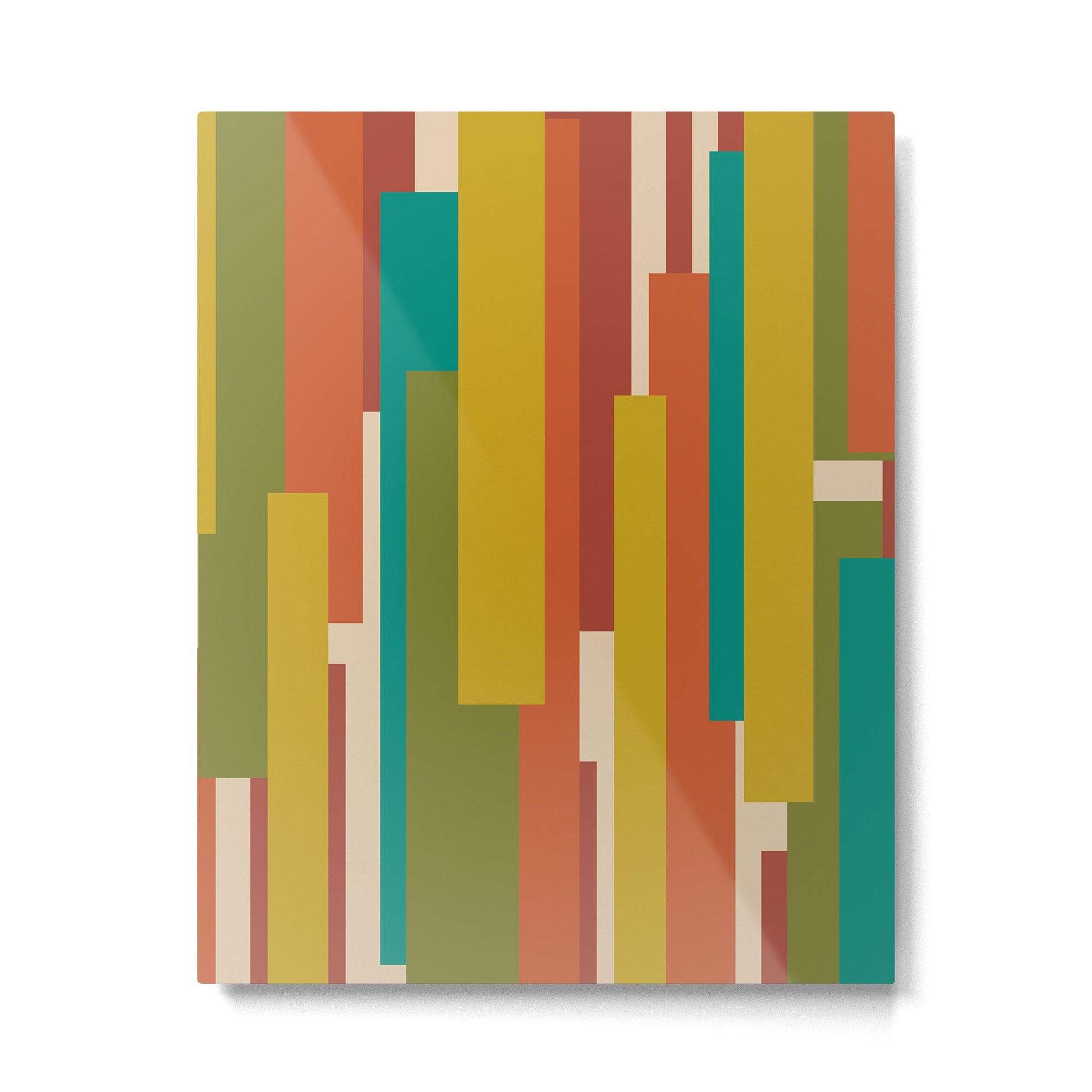 Midcentury Modern Vertical Geometric Pattern in Mid Mod Mustard, Orange, Olive, Teal, and Beige Metal Print | TeksDecor