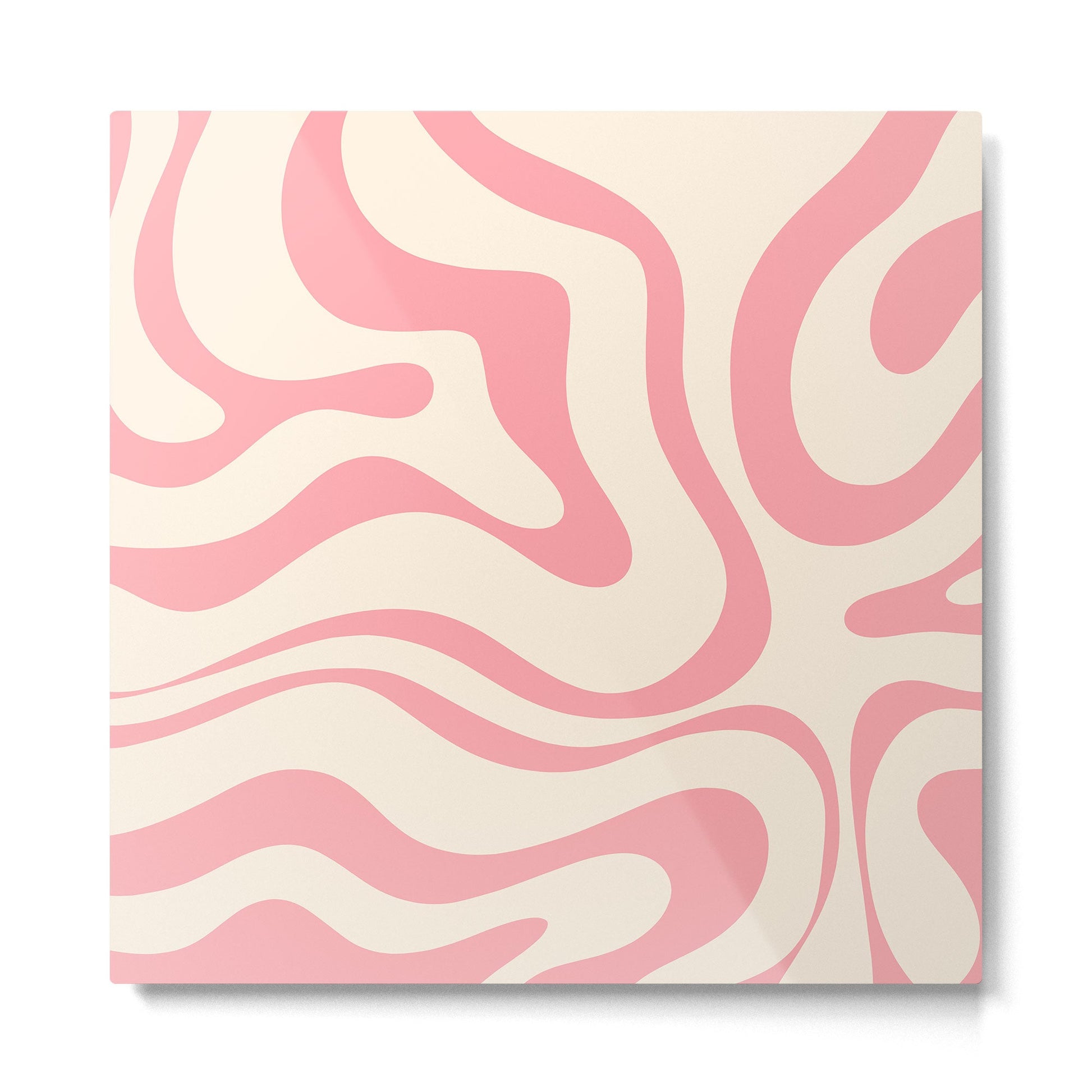 Modern Retro Liquid Swirl Abstract Pattern Square in Pink and Cream Metal Print | TeksDecor