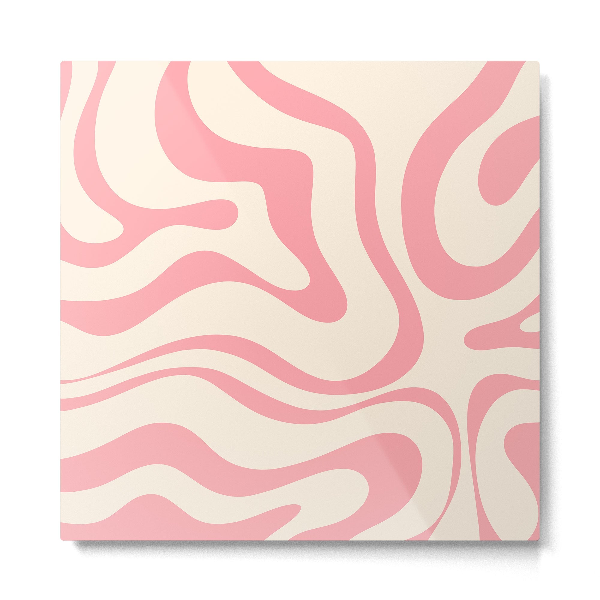 Modern Retro Liquid Swirl Abstract Pattern Square in Pink and Cream Metal Print | TeksDecor