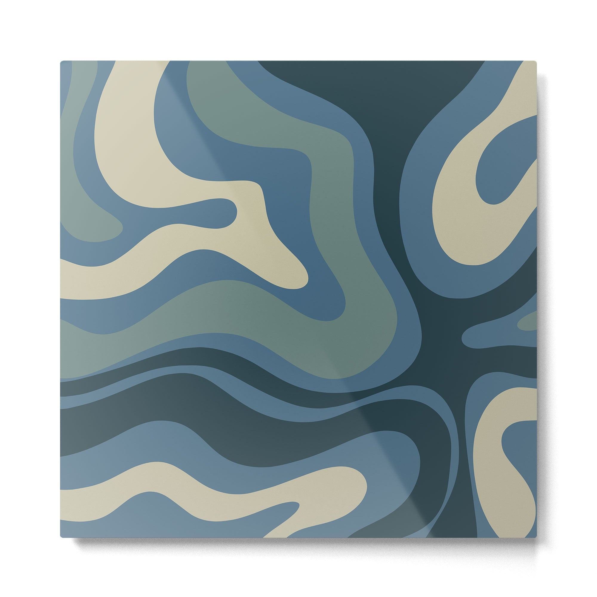 Modern Retro Liquid Swirl Abstract Pattern Square in Vintage Blue Metal Print | TeksDecor