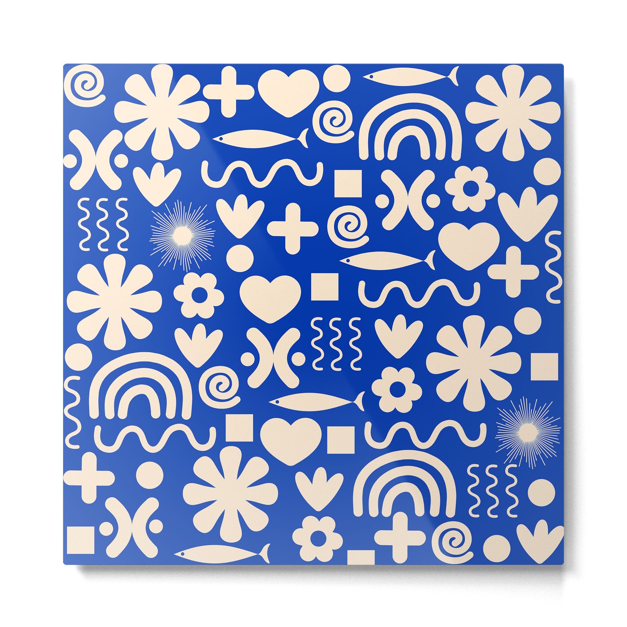 Natural Miscellany Pattern in Bright Blue and Cream Metal Print | TeksDecor