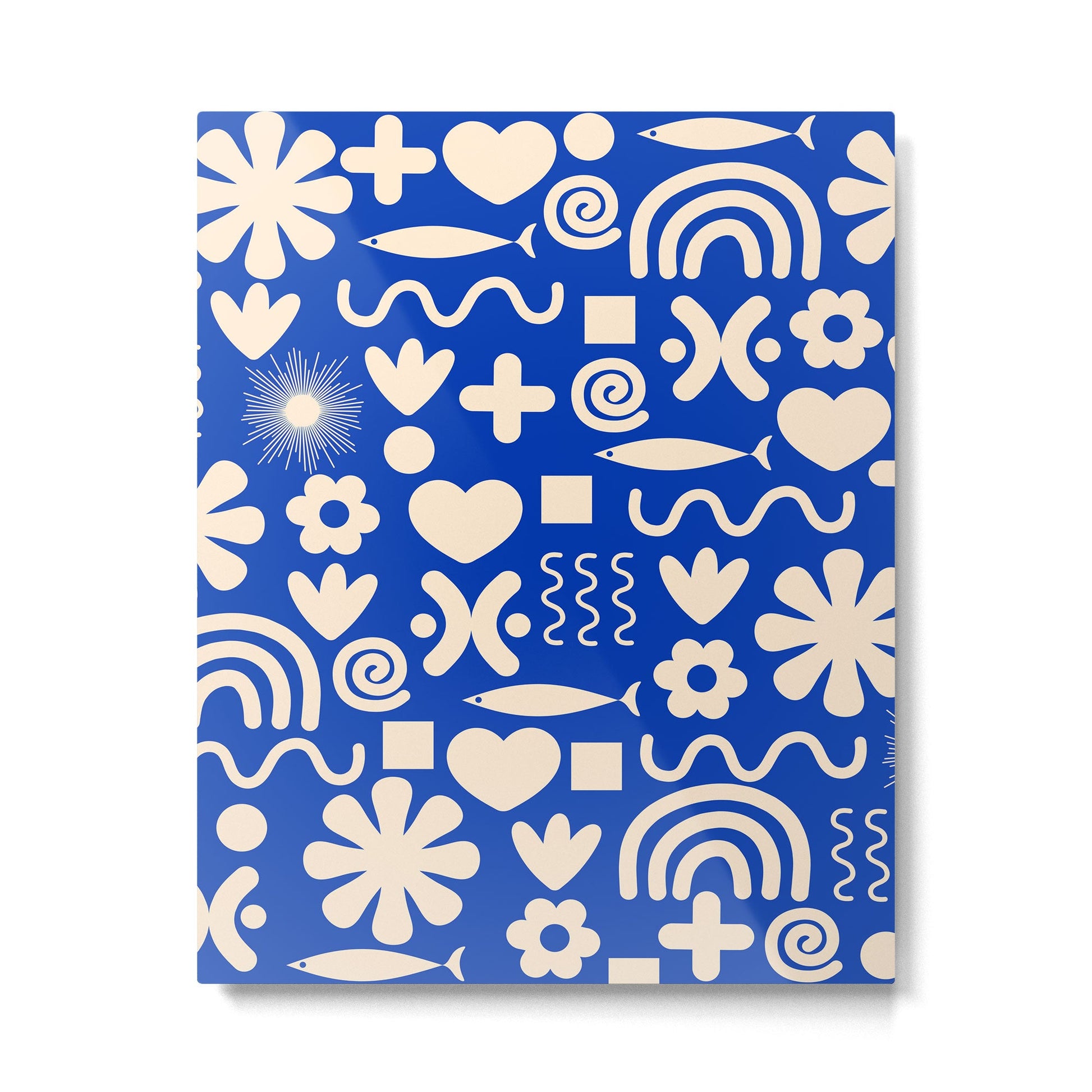 Natural Miscellany Pattern in Bright Blue and Cream Metal Print | TeksDecor