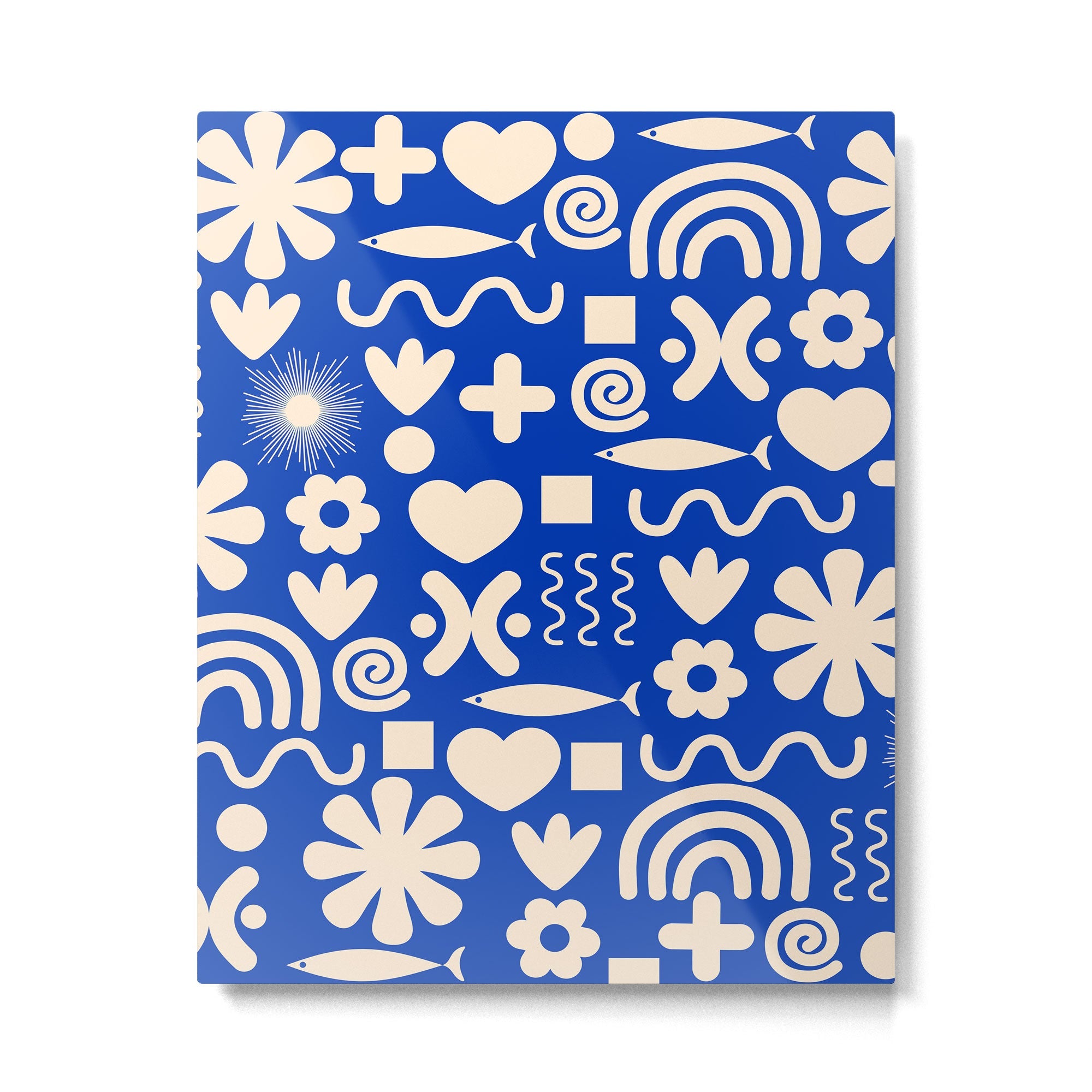 Natural Miscellany Pattern in Bright Blue and Cream Metal Print | TeksDecor
