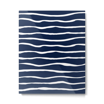 Ocean Ripple Modern Organic Stripe Pattern in White and Nautical Navy Blue Metal Print | TeksDecor