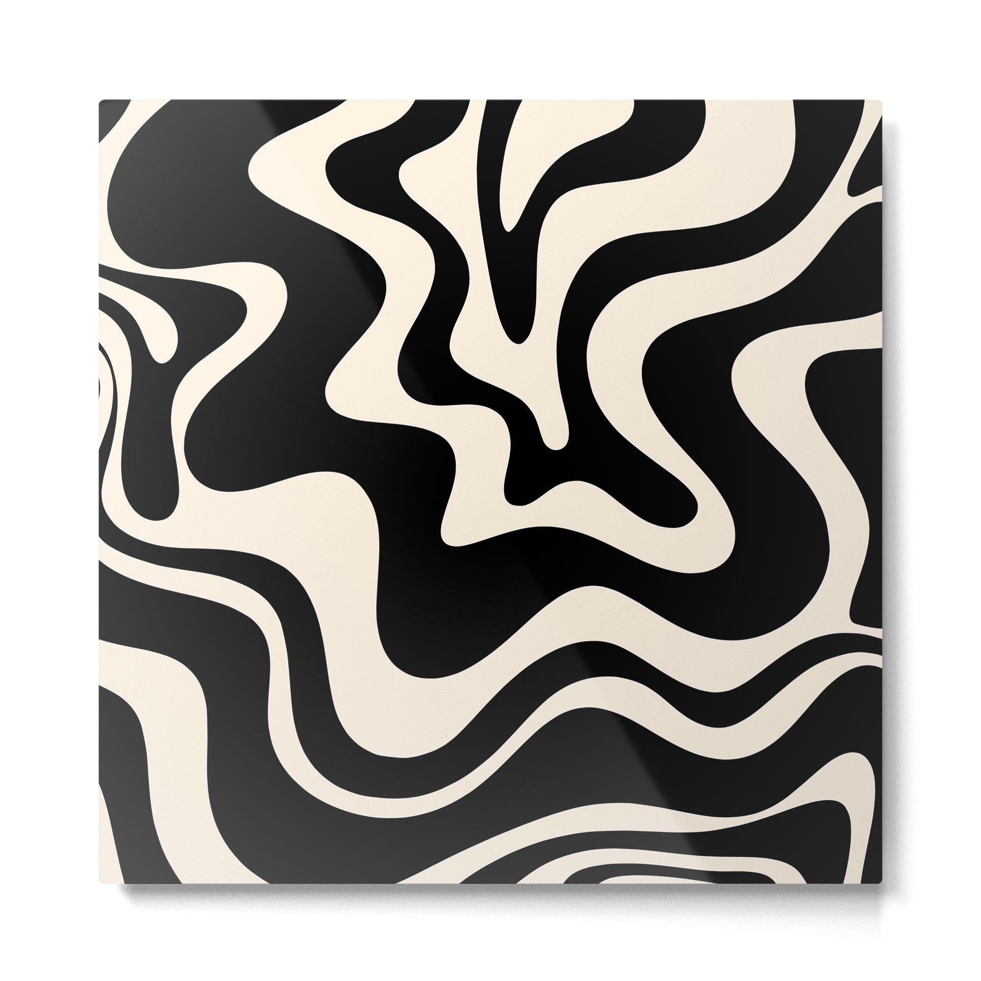 Retro Liquid Swirl Abstract Square 2 in Black and Almond Cream Metal Print | TeksDecor