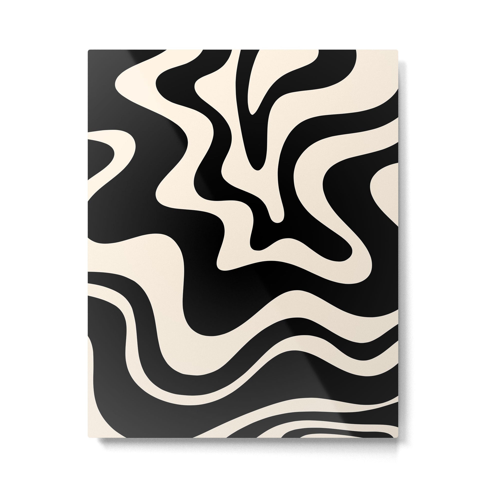Retro Liquid Swirl Abstract Square 2 in Black and Almond Cream Metal Print | TeksDecor