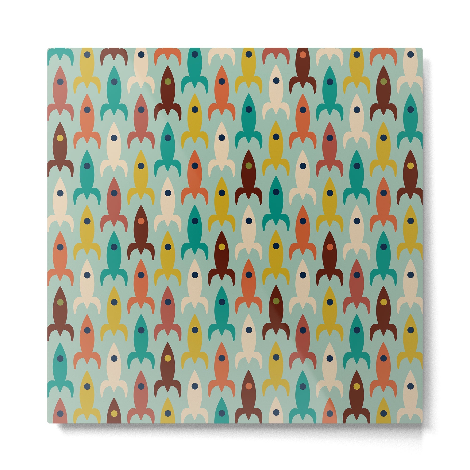 Retro Rockets - Midcentury Modern Atomic Age Aerospace Pattern in Teal, Orange, Mustard, and Celadon Metal Print | TeksDecor