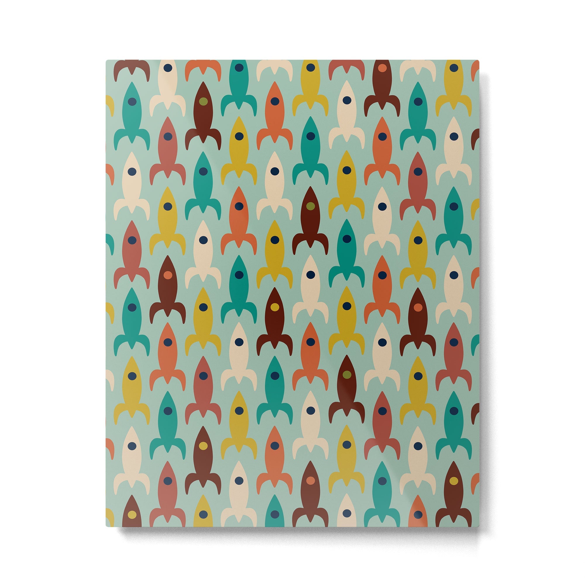 Retro Rockets - Midcentury Modern Atomic Age Aerospace Pattern in Teal, Orange, Mustard, and Celadon Metal Print | TeksDecor